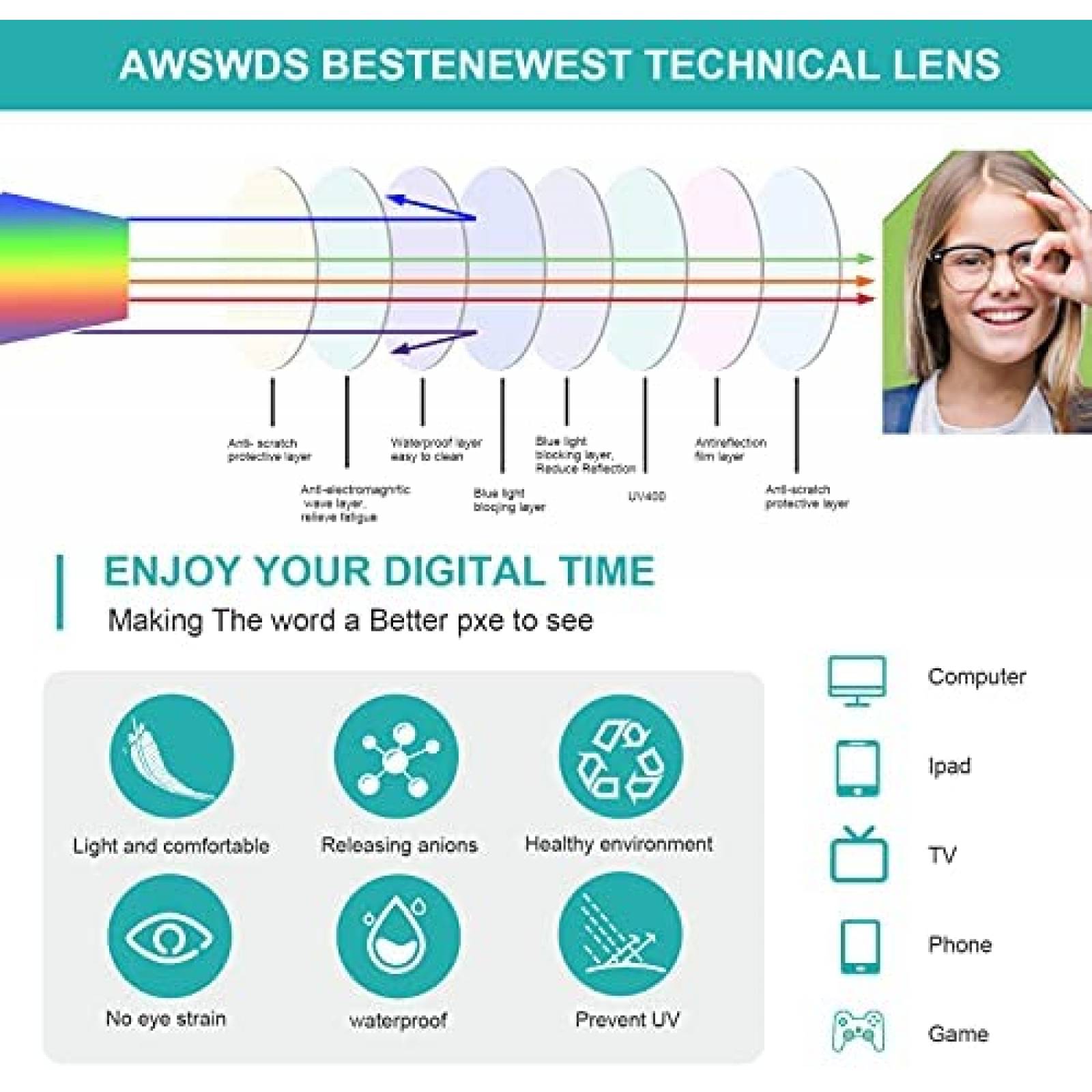 Lentes computador AWSWDS Niños Anti luz azul 4-16 años -Rojo