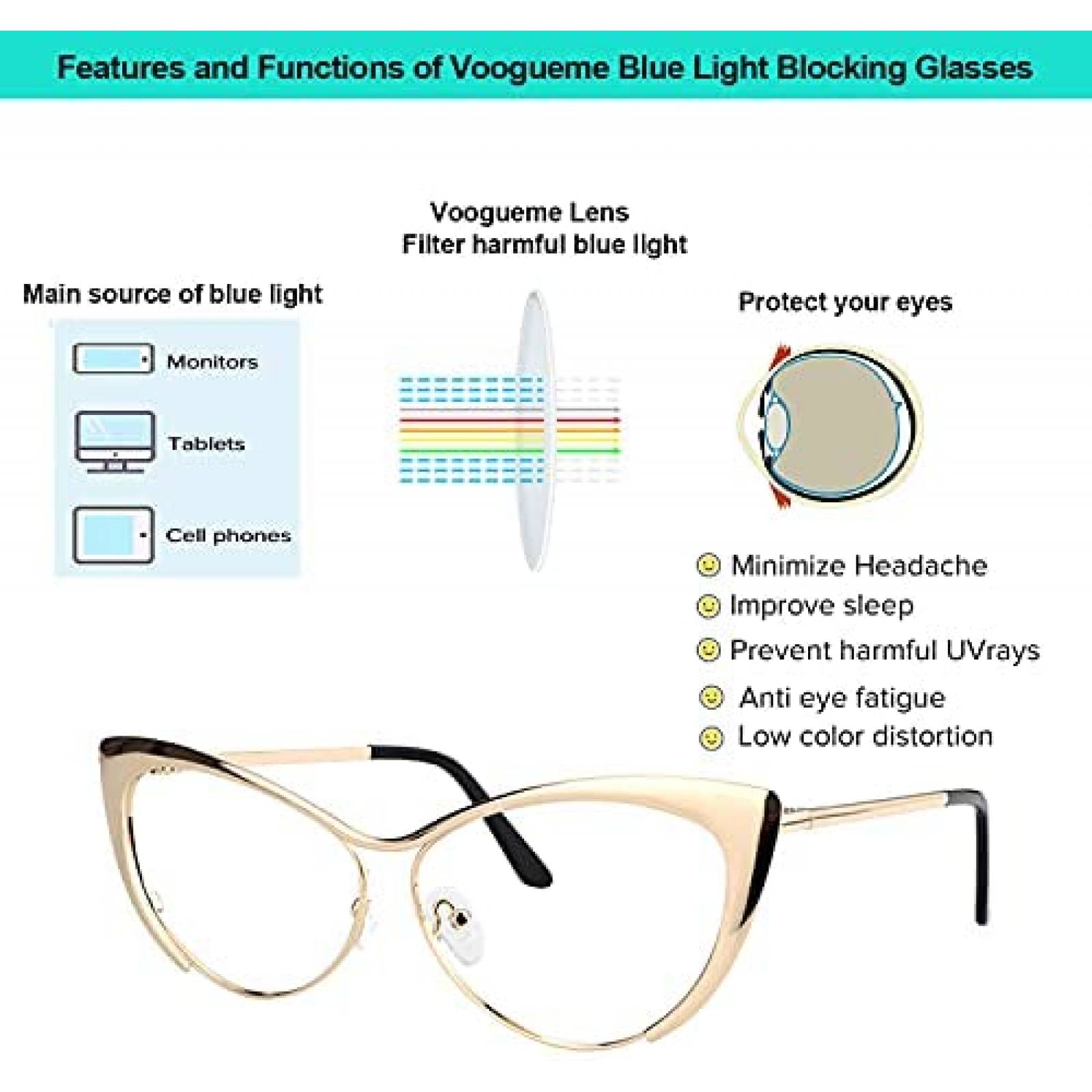 Lentes de Bloque de Luz Azul Voogueme para Mujer -Dorado