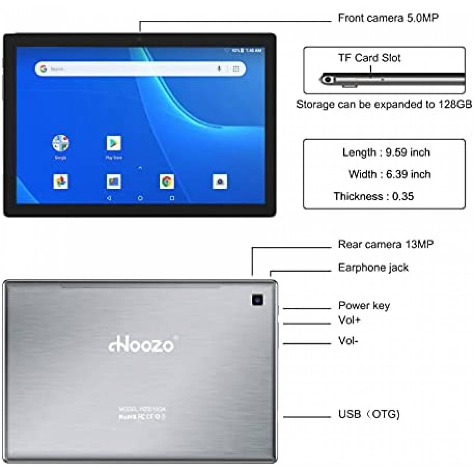 Tablet Hoozo 10'' 5G Wi-Fi 32GB Bluetooth GPS HD -Plateado