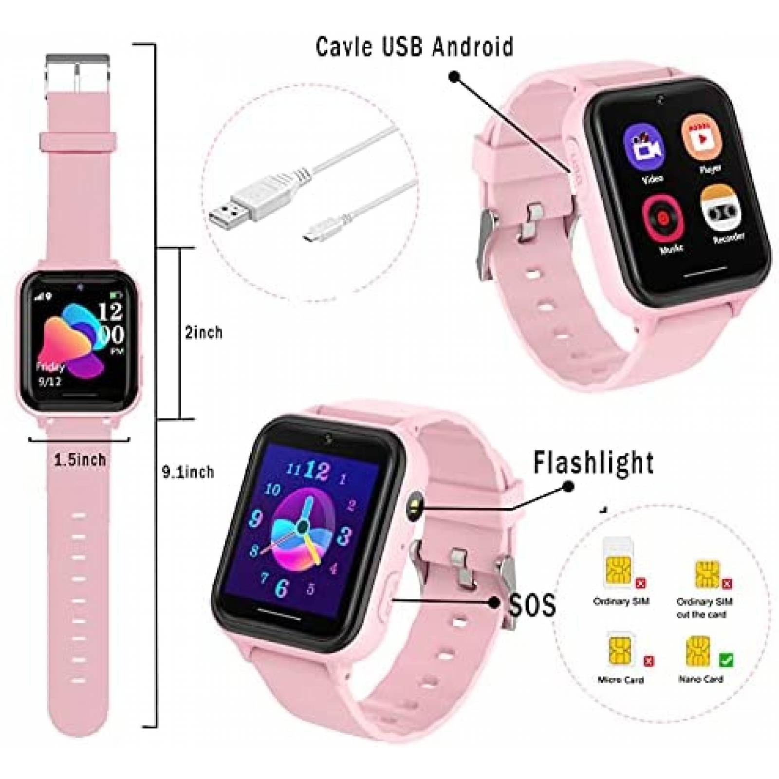 Smart Watch PTHTECHUS Para Nios Pantalla Tactil 1,45''-Rosa