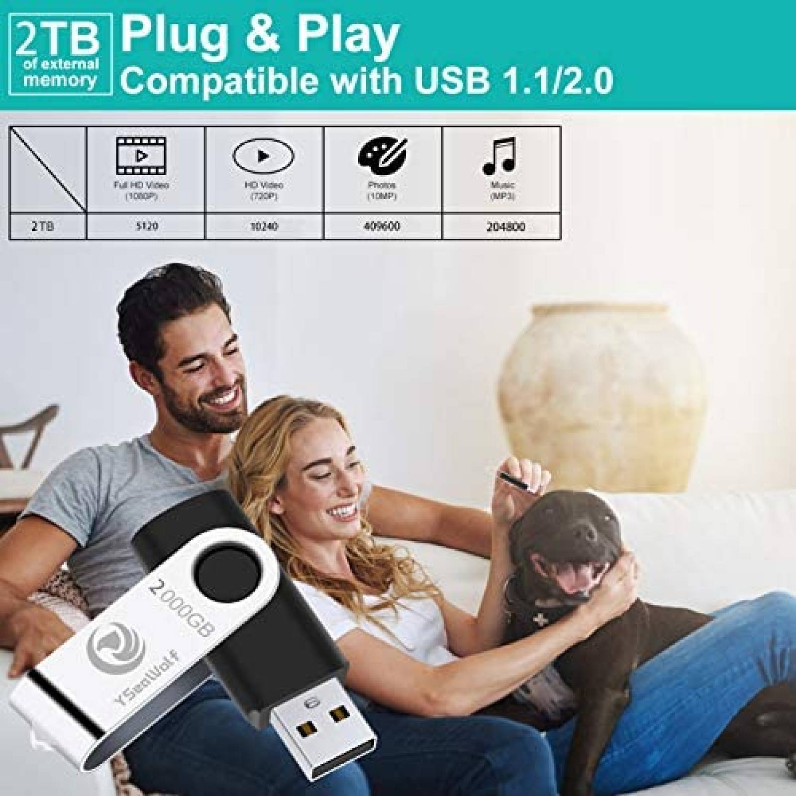 Unidad flash USB YSeaWolf de 2000 GB USB 2.0 -Negro