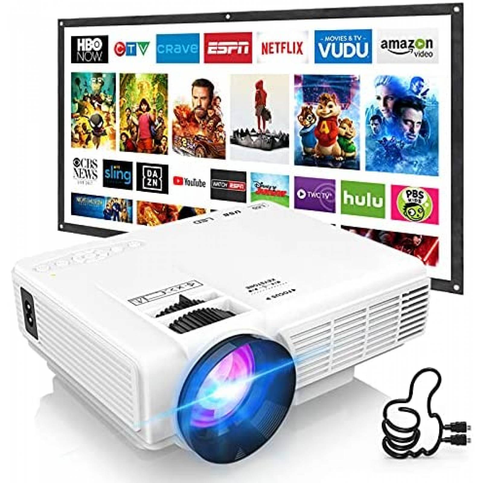 Proyector DJR mini con pantalla de proyector de 100" -Blanco