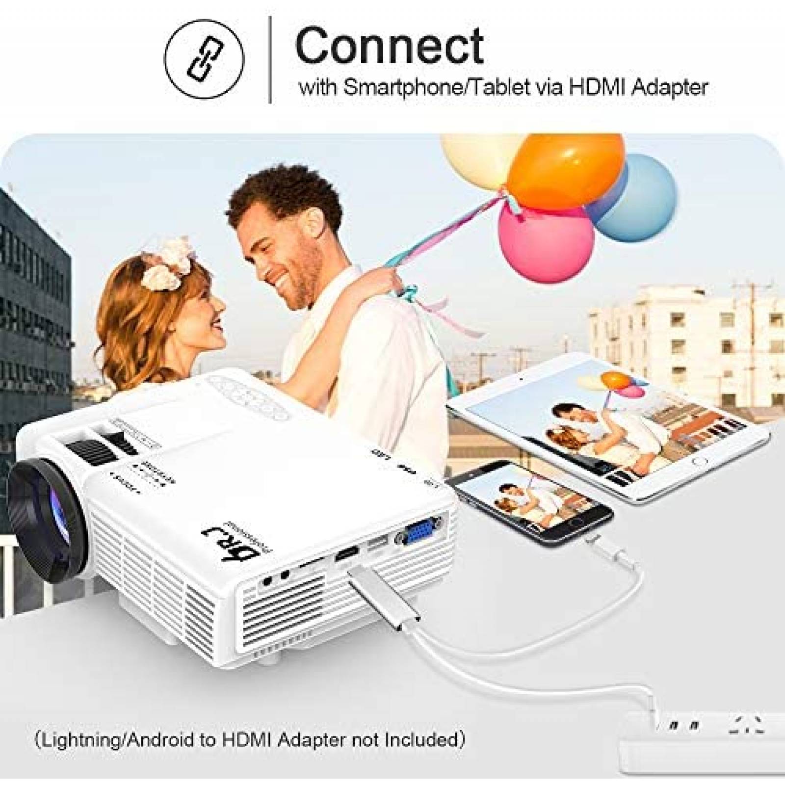 Proyector DJR mini con pantalla de proyector de 100" -Blanco