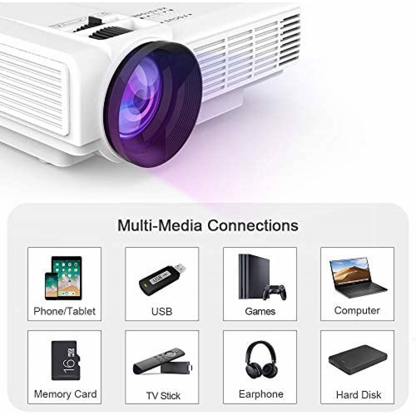 Proyector DJR mini con pantalla de proyector de 100" -Blanco