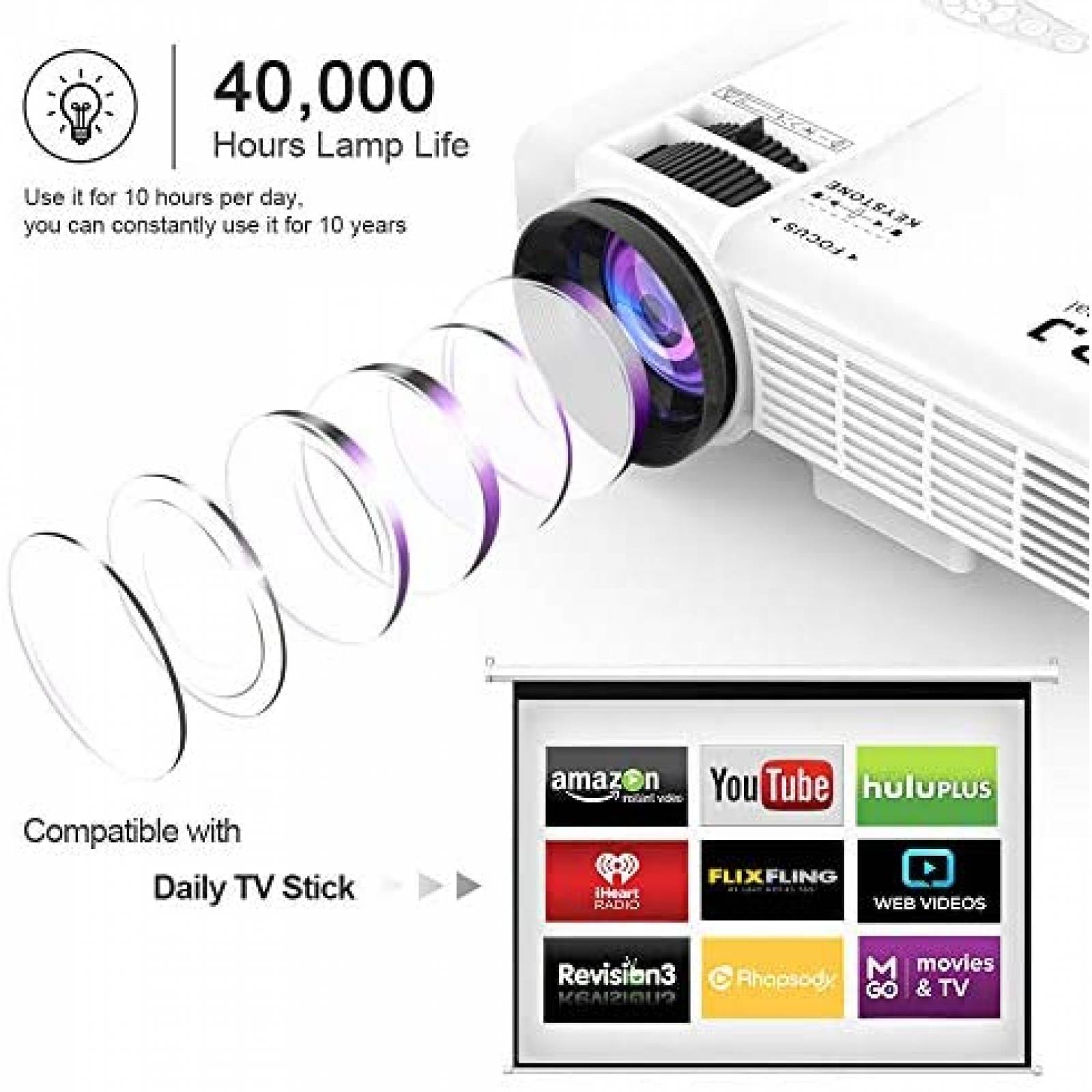 Proyector DJR mini con pantalla de proyector de 100" -Blanco