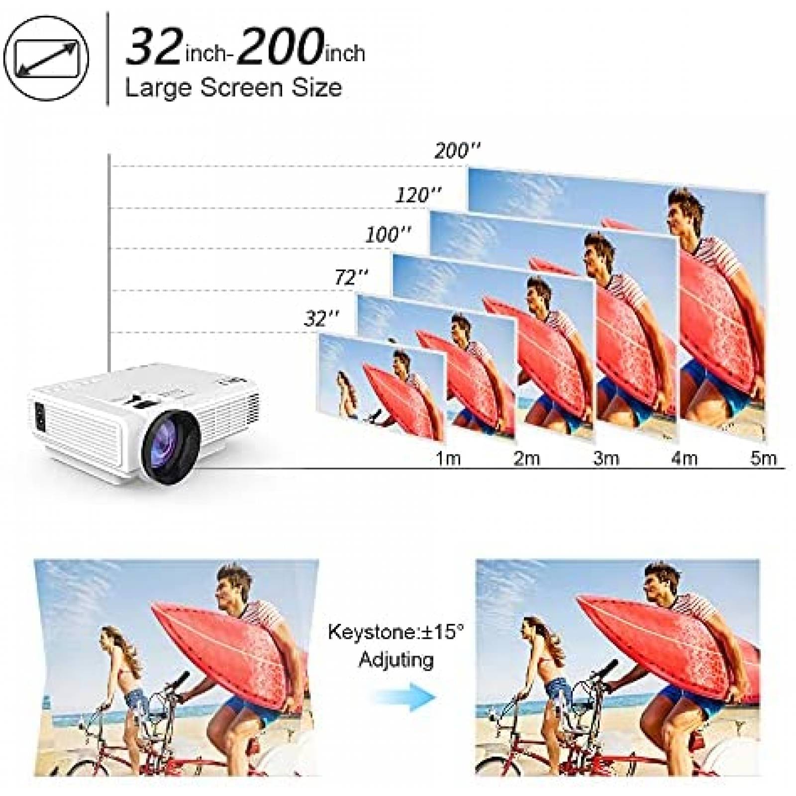 Proyector DJR mini con pantalla de proyector de 100" -Blanco