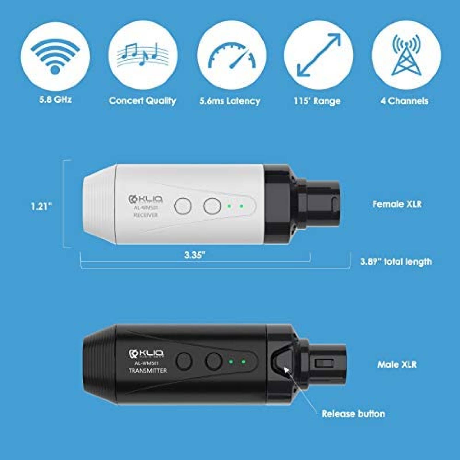 Kit de Audio KLIQ Music Gear Transmisor+Receptor Recargables