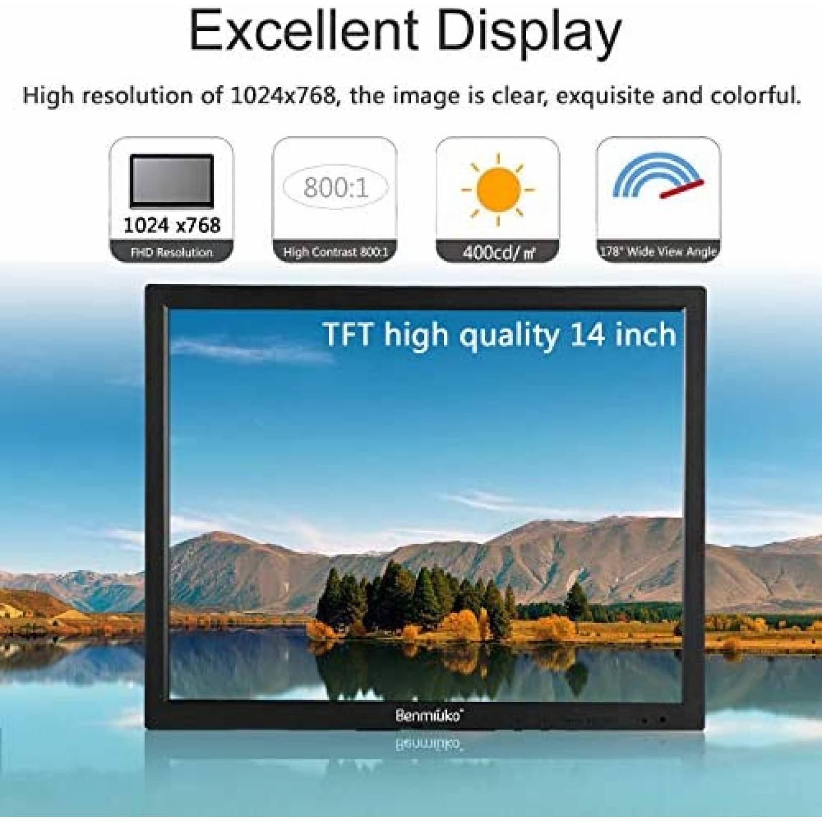 Monitor Benmiuko de 14'' 1024x768 HD HDMI/USB/VGA -Negro