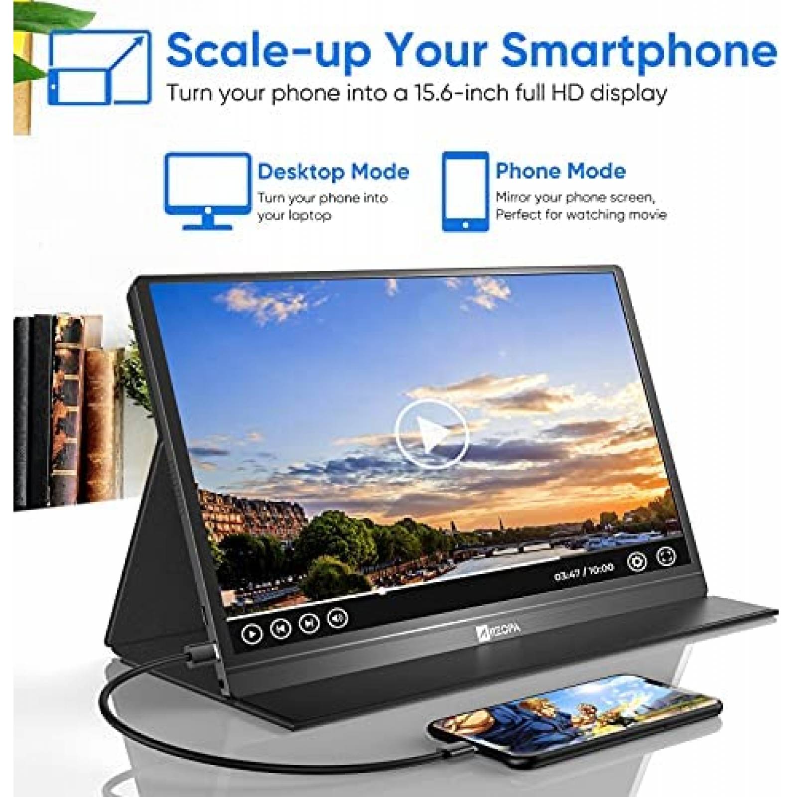 Arzopa monitor portátil, monitor portátil Arzopa de 15,6 1080P FHD, USB C,  HDMI, pantalla de computadora HDR, cuidado de los ojos, pantalla externa