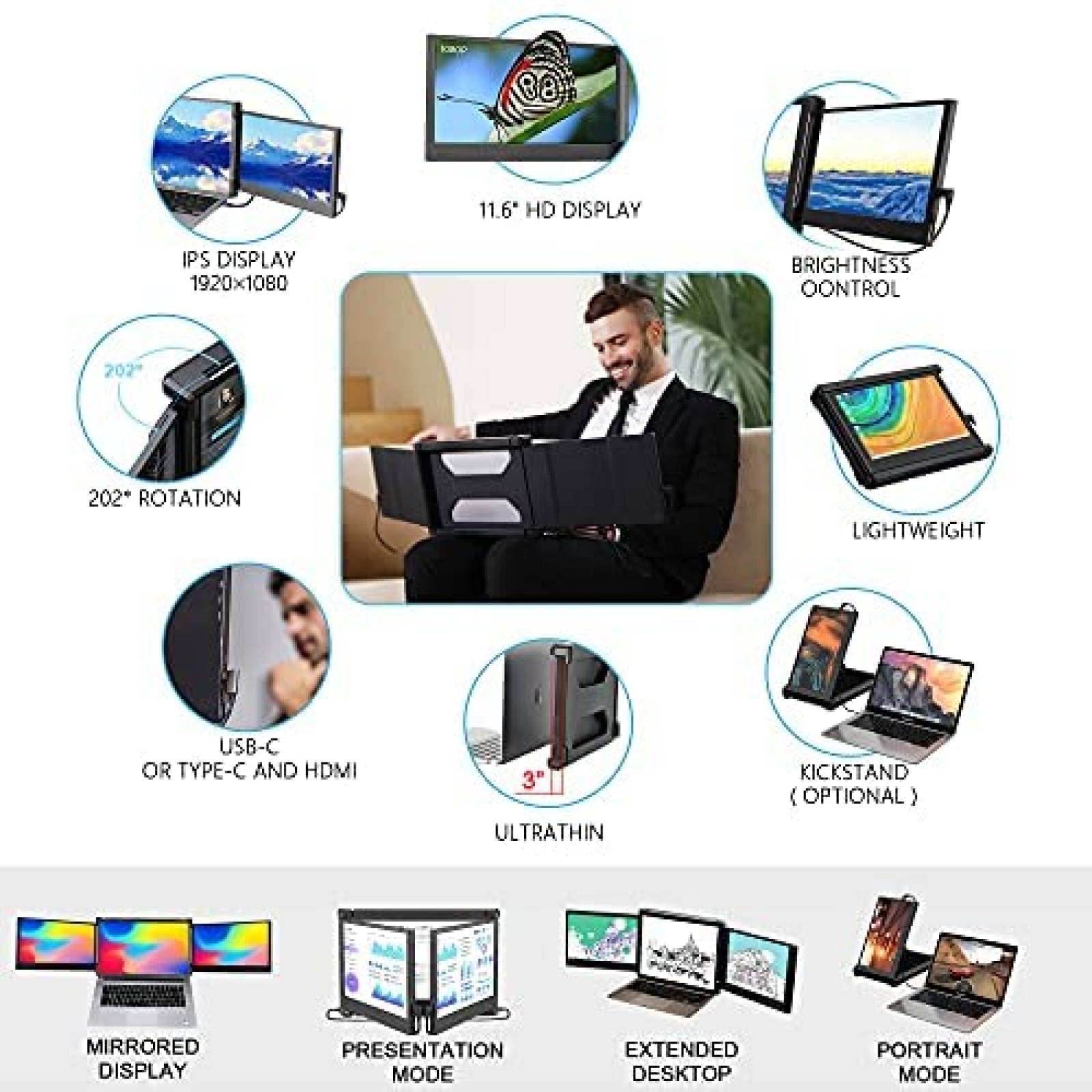 Triple Monitor para Laptop OFIYAA P2 11.6'' FHD 1080P -Negro