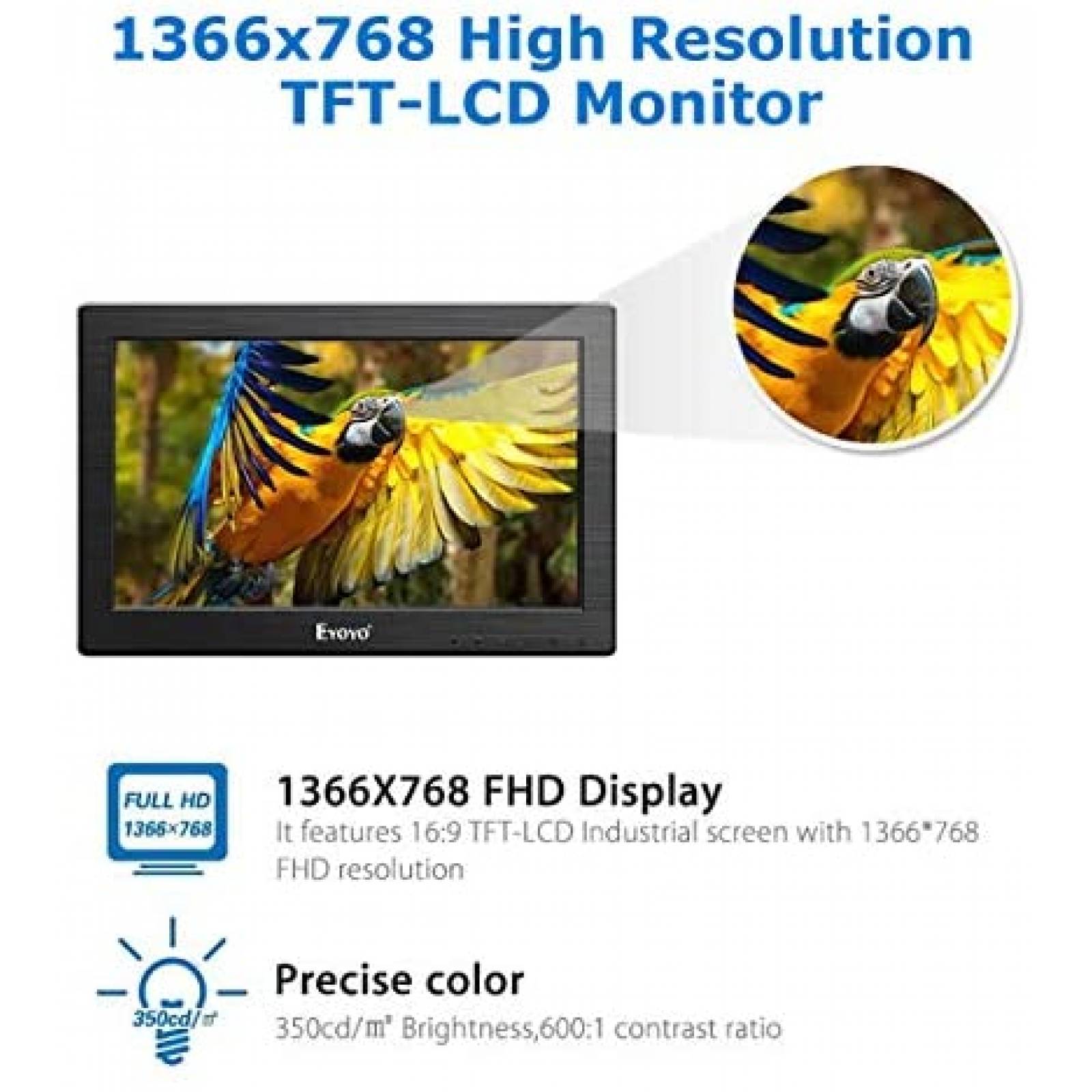 Monitor Eyoyo K1223 12" LCD AV HDMI VGA 1366x768 -Negro