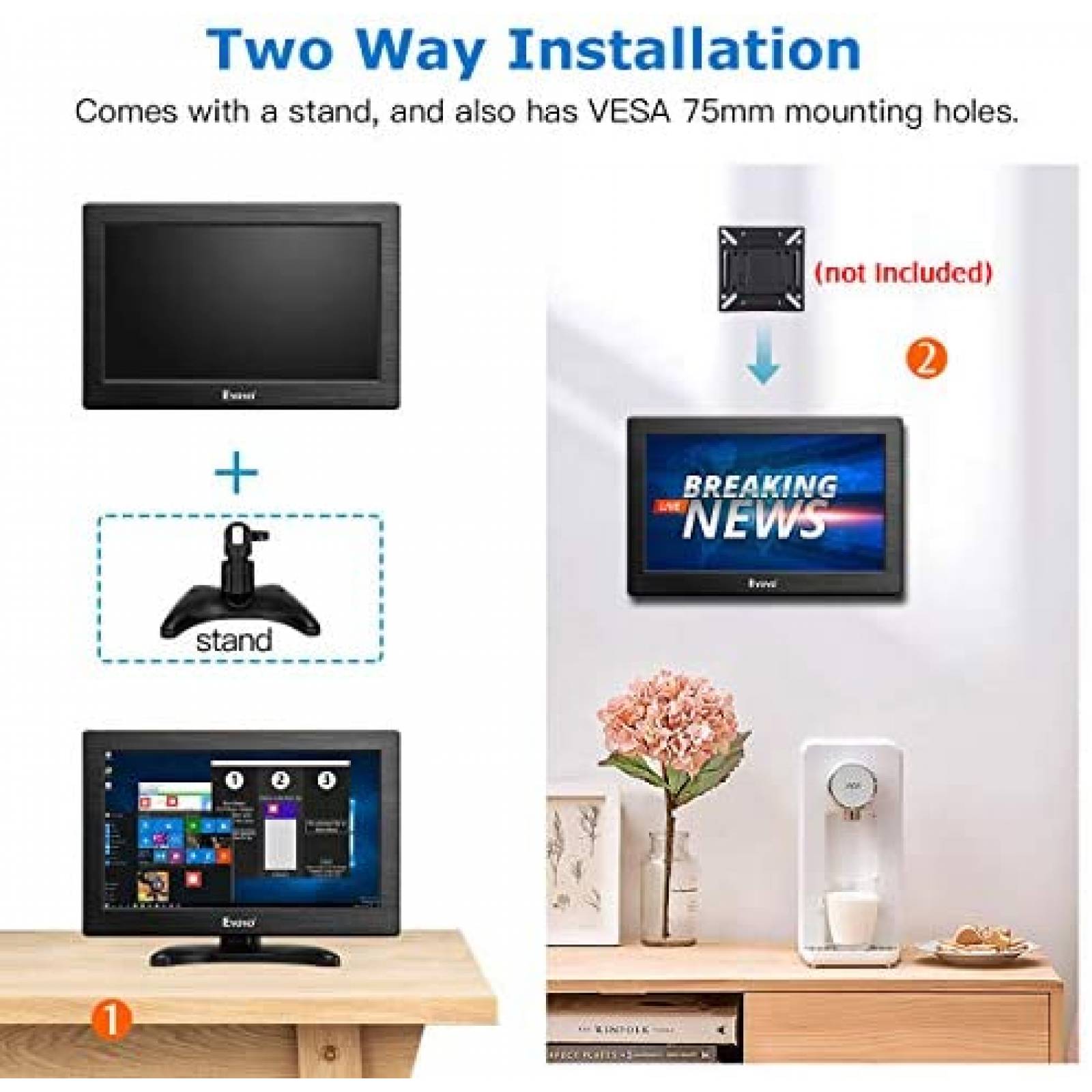 Monitor Eyoyo K1223 12" LCD AV HDMI VGA 1366x768 -Negro