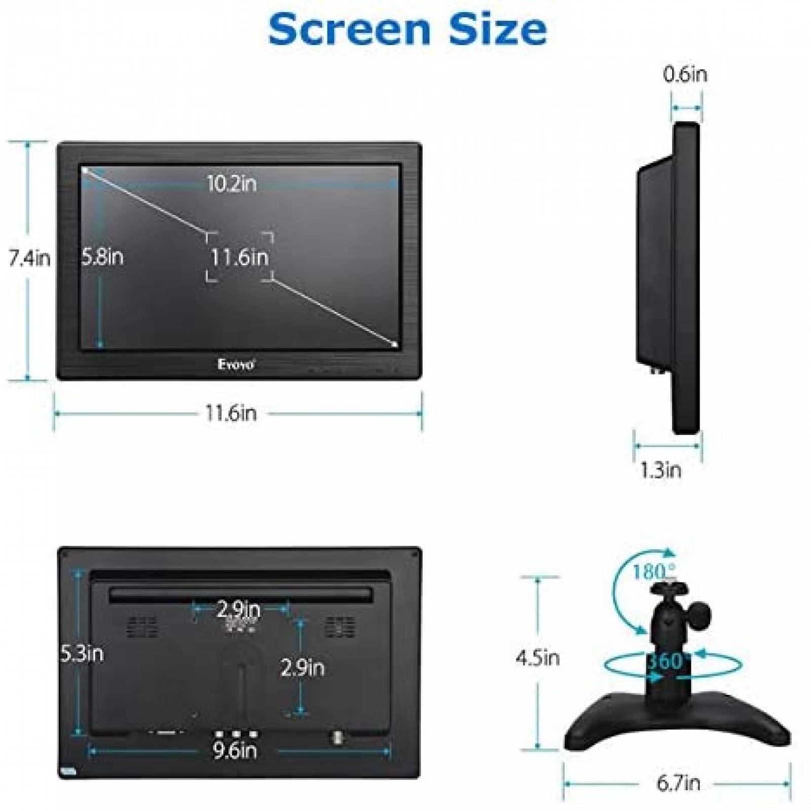 Monitor Eyoyo K1223 12" LCD AV HDMI VGA 1366x768 -Negro