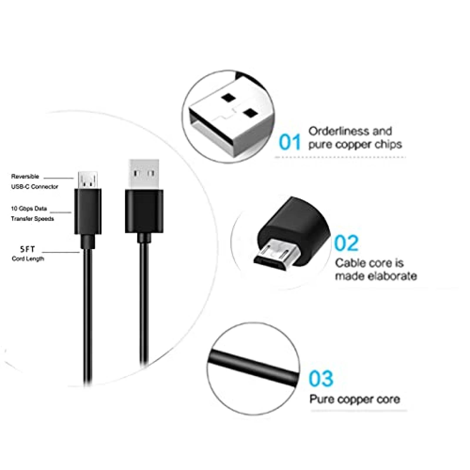Cable USB YCWZZH USB A a Micro USB de 5 Pies -Negro
