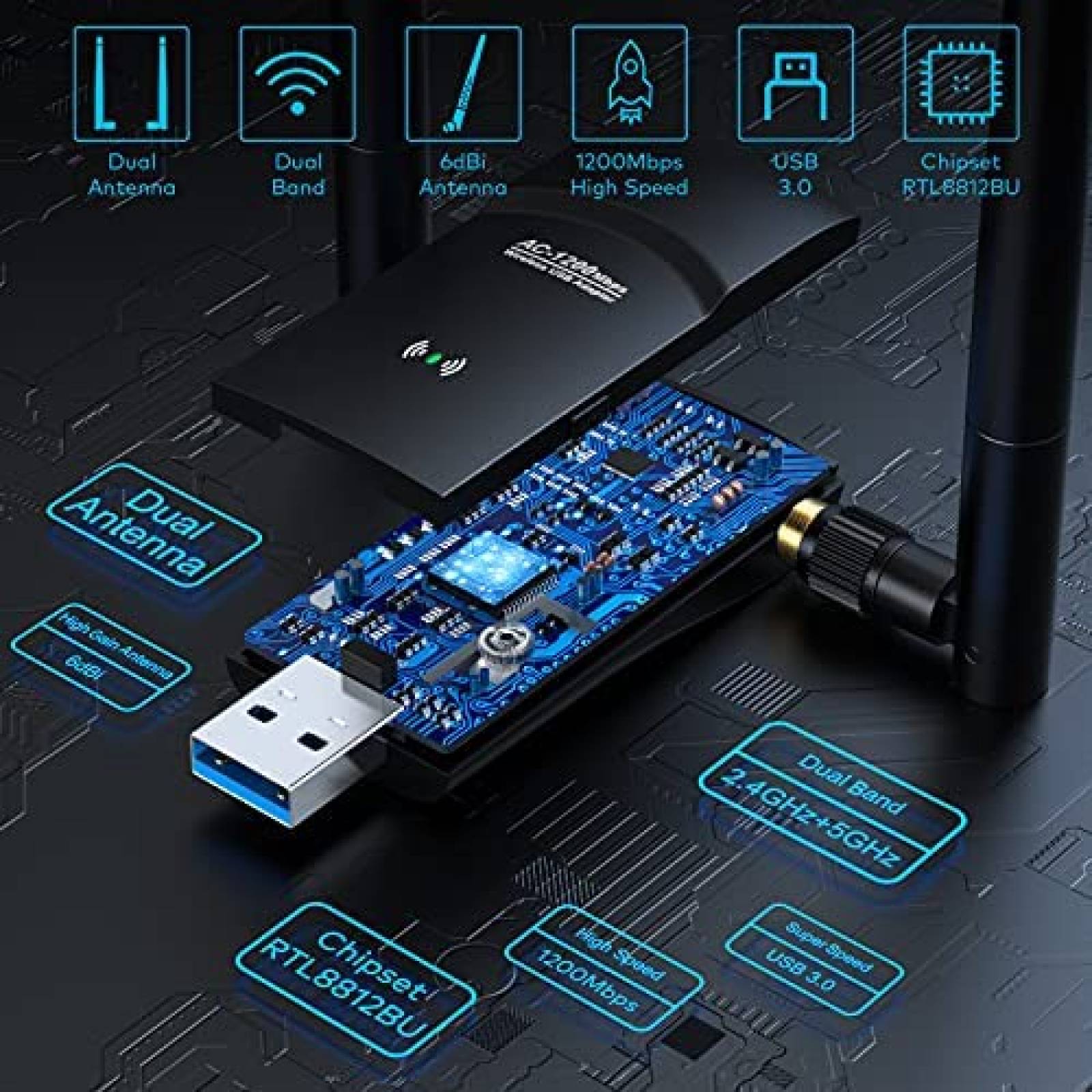 Adaptador Wifi para PC Zoolan de 1200Mbps 5G 2.4G -Negro