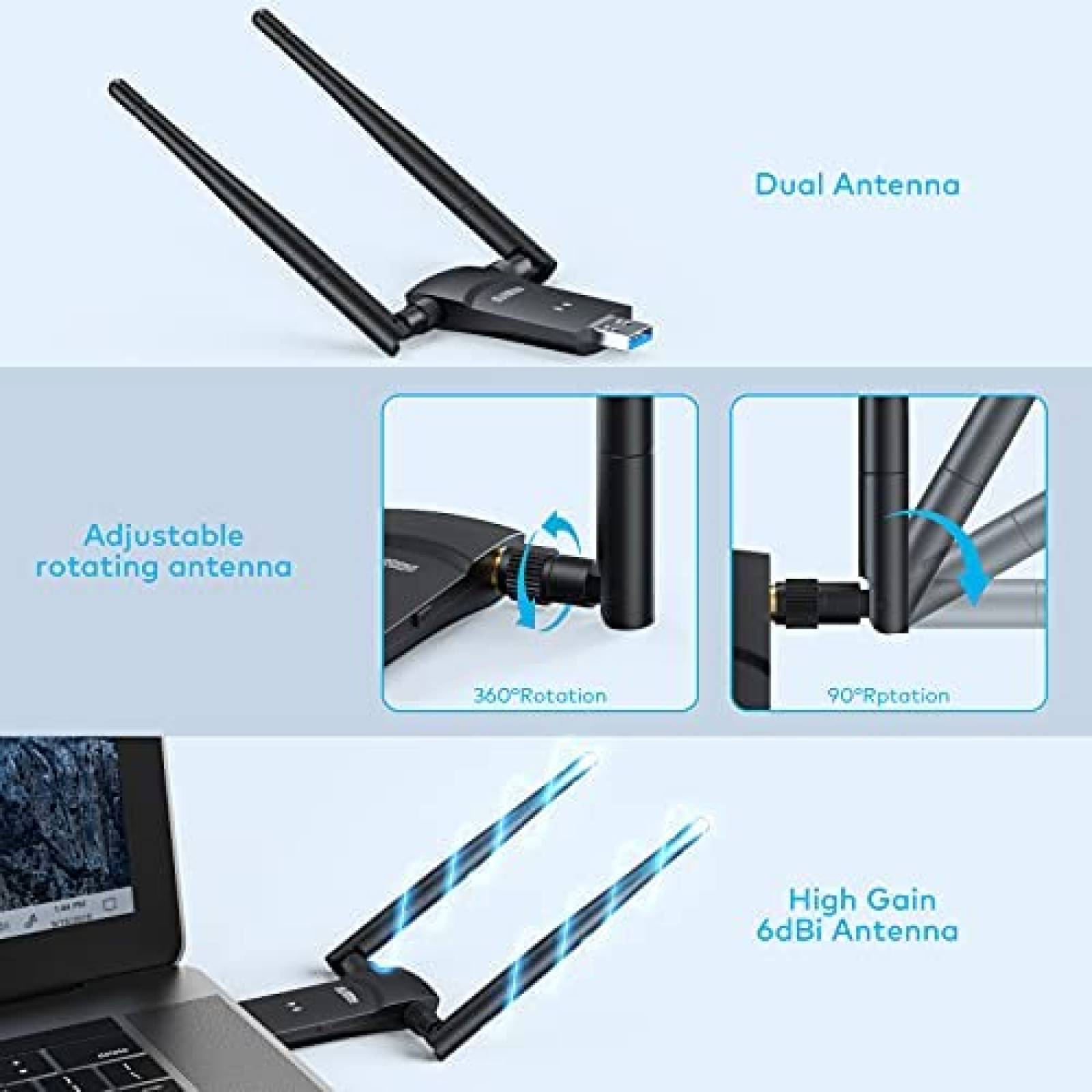 Adaptador WiFi USB De Doble Banda 1200Mbps Para PC - Conexión Rápida Y Estable, 2.4G/5G