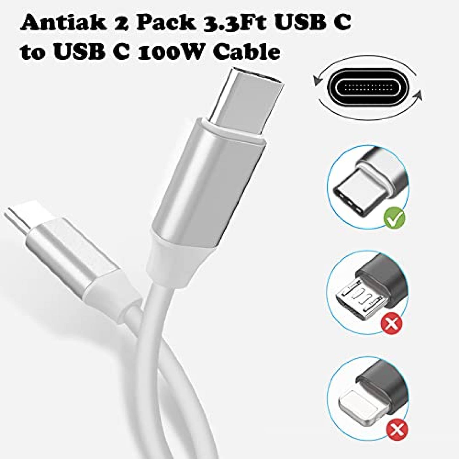 Cables Cargador Antiak 2pzas USB-C 100W 480Mbps -Blanco