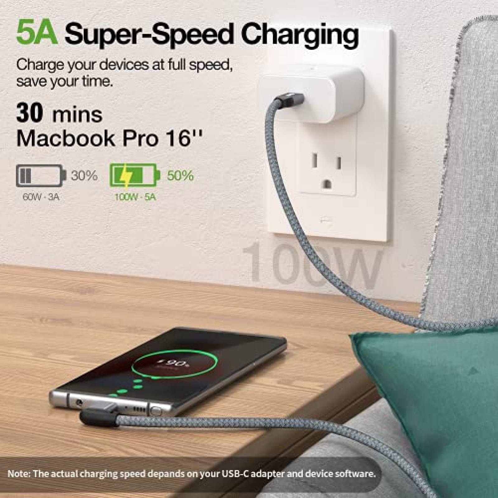 Cable USB C ULT-WIIQ de 100 W 20 Gbps 90 grados -Gris