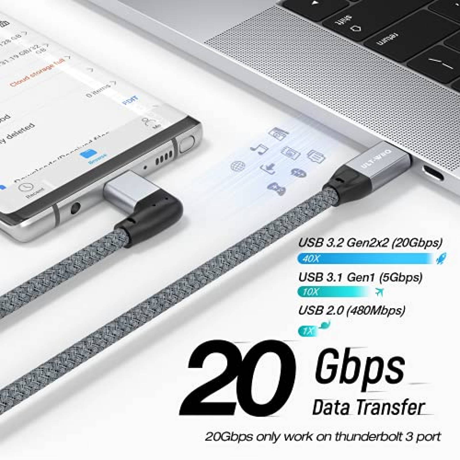Cable USB C ULT-WIIQ de 100 W 20 Gbps 90 grados -Gris