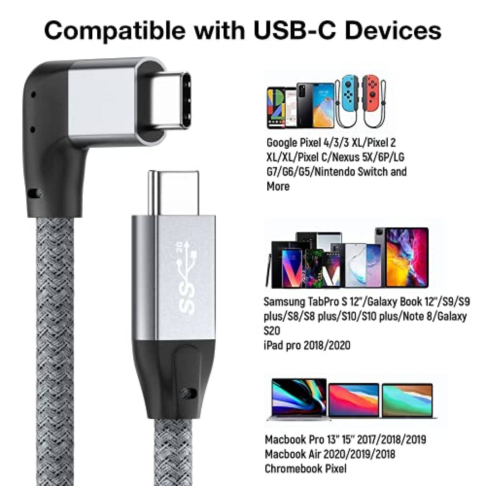 Cable USB C ULT-WIIQ de 100 W 20 Gbps 90 grados -Gris