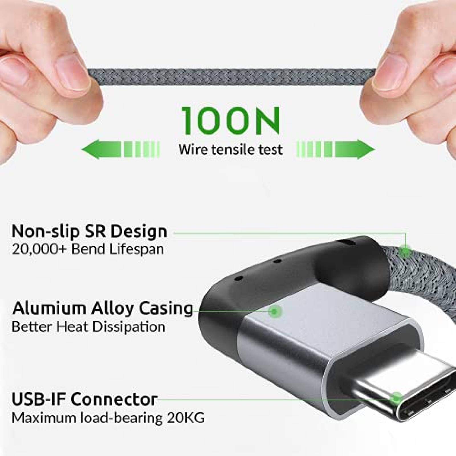 Cable USB C ULT-WIIQ de 100 W 20 Gbps 90 grados -Gris