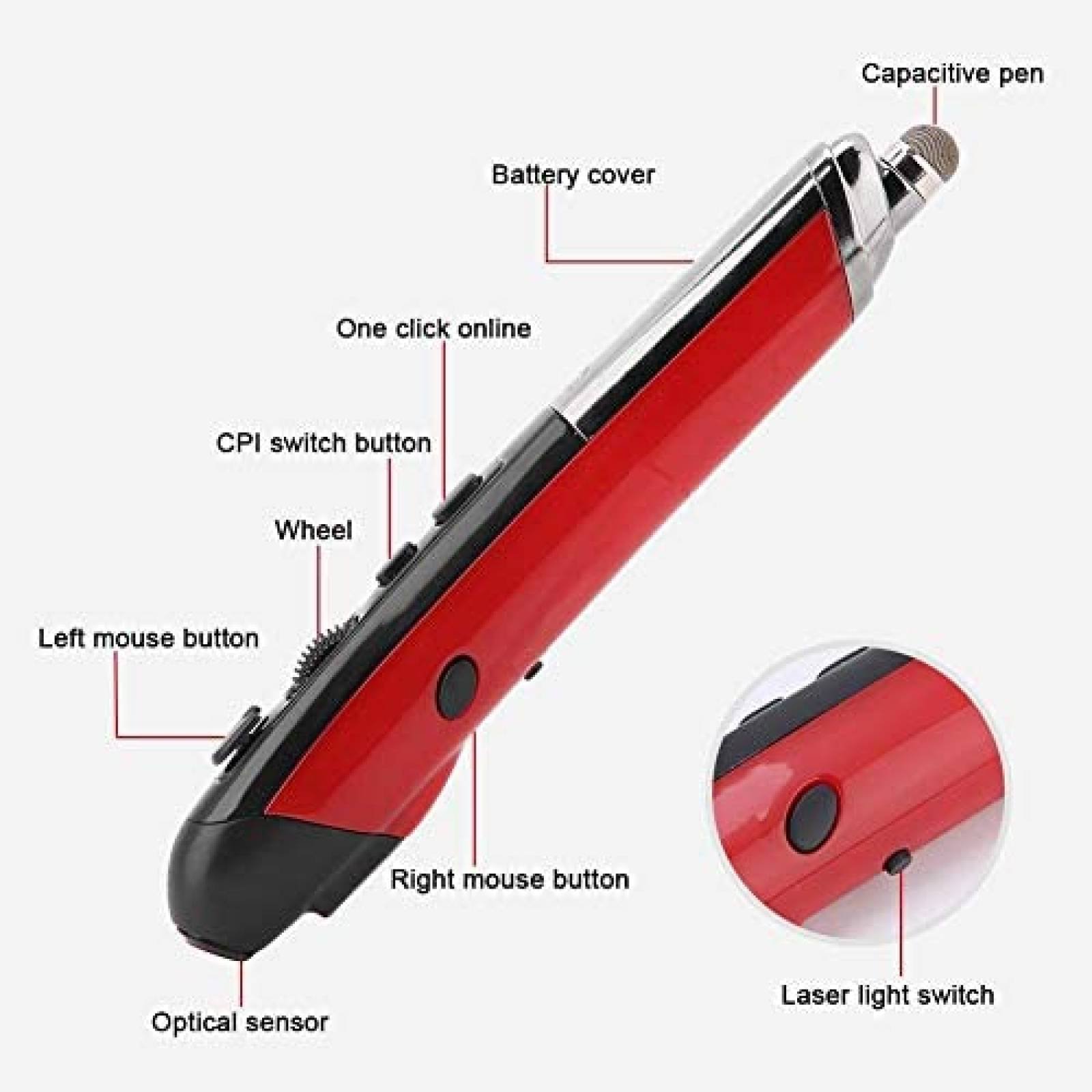 Lapiz Optico ASHATA Inalambrico USB de 2,4 GHz -Rojo