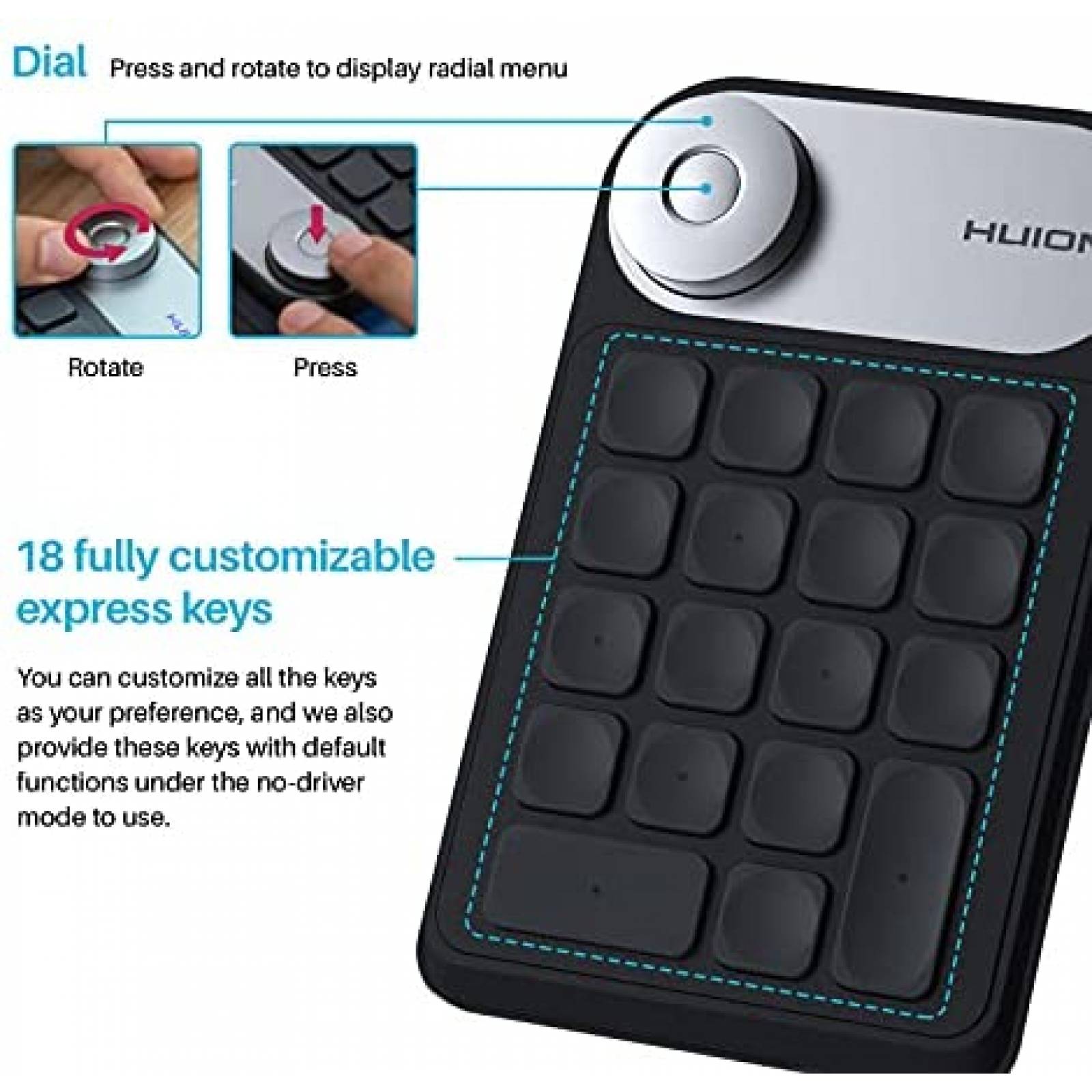 Teclado Huion Mini KeyDial KD100 Inalambrico 18 Teclas