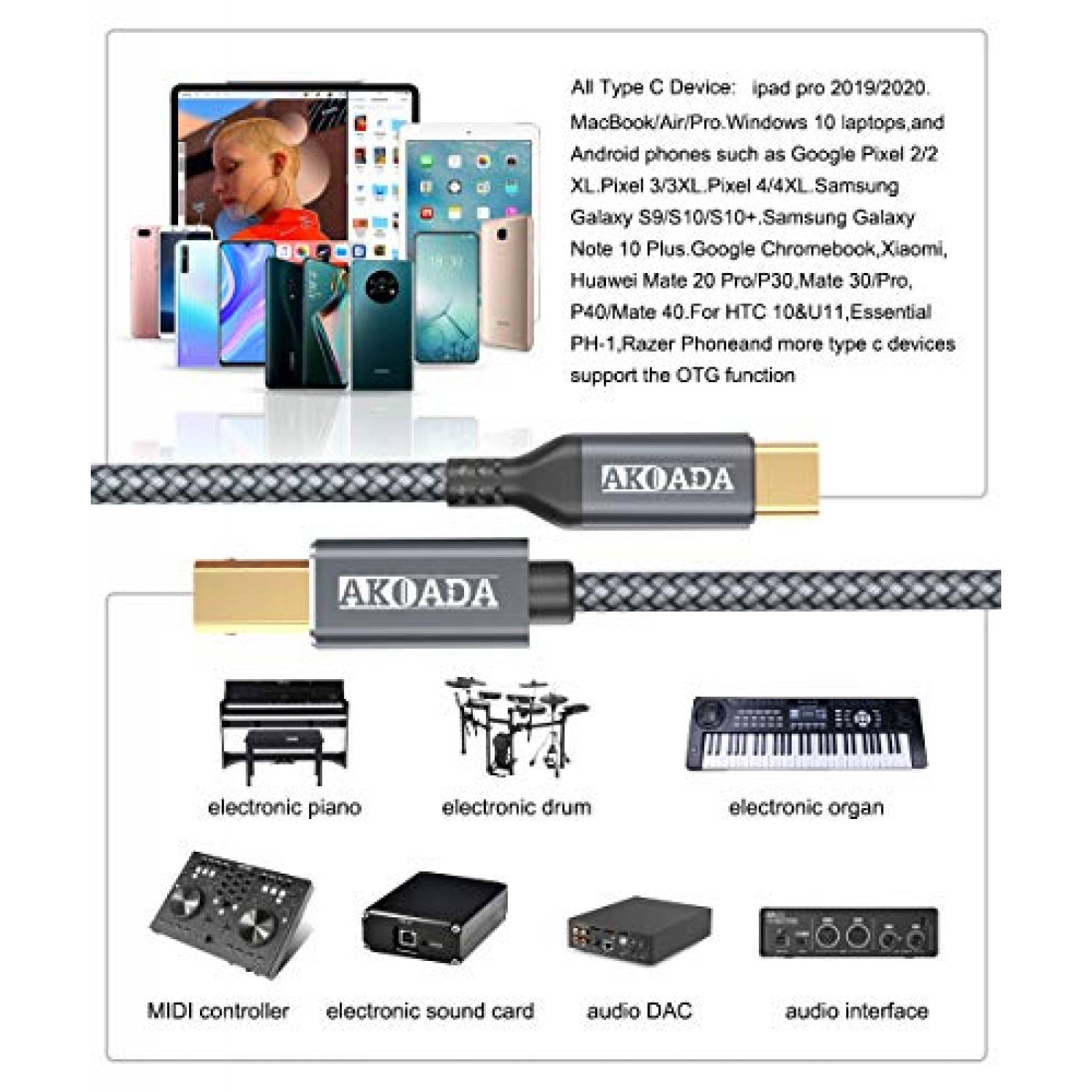 Cable MIDI para iPad Pro, USB C a USB B MIDI OTG cable tipo C cable de  impresora para MacBook/iPad Pro/Samsung/Google/Laptop, funciona con  instrumento