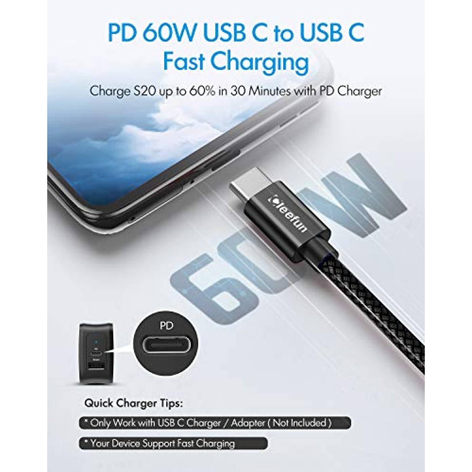 Cable CLEEFUN USB-C a USB-C 5 Piezas de 10 Pies -Negro