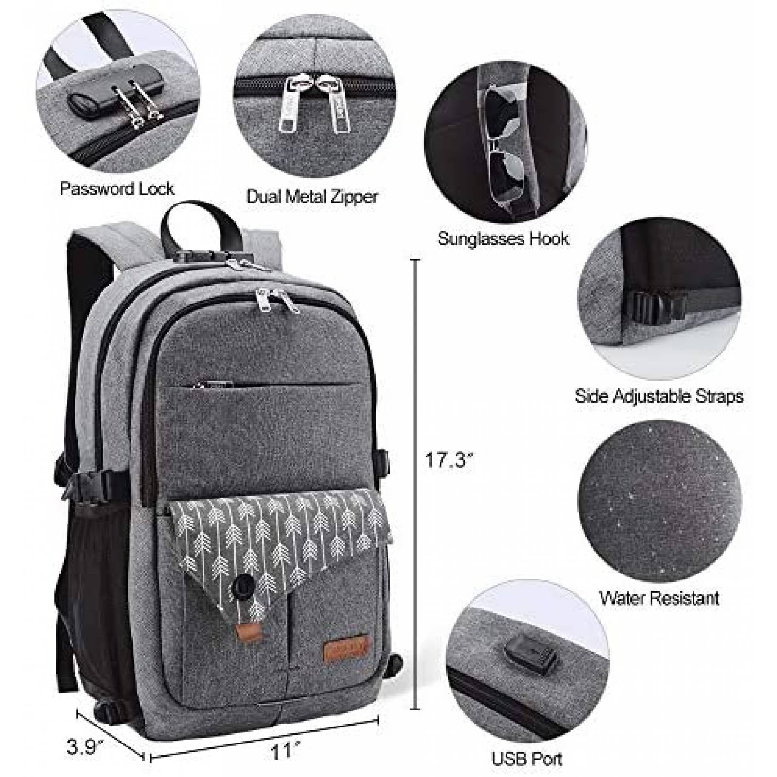 Mochila Lekesky para Laptop de 15.6'' con Puerto USB -Gris