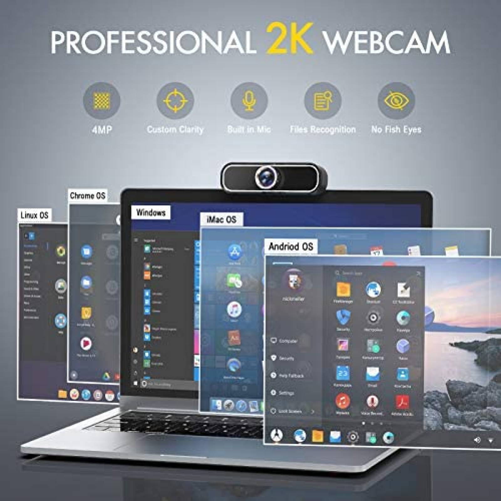 Webcam MOSONTH 2K Puerto USB con Microfono Integrado -Negro