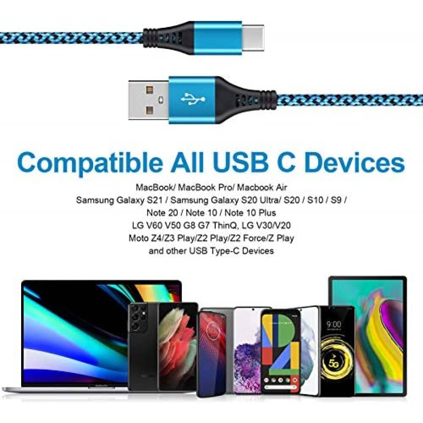 Cable USB tipo C, paquete con 5 unidades, 6 pies, carga rápida, cargador  rápido 3A, cable rápido, cable tipo C - A