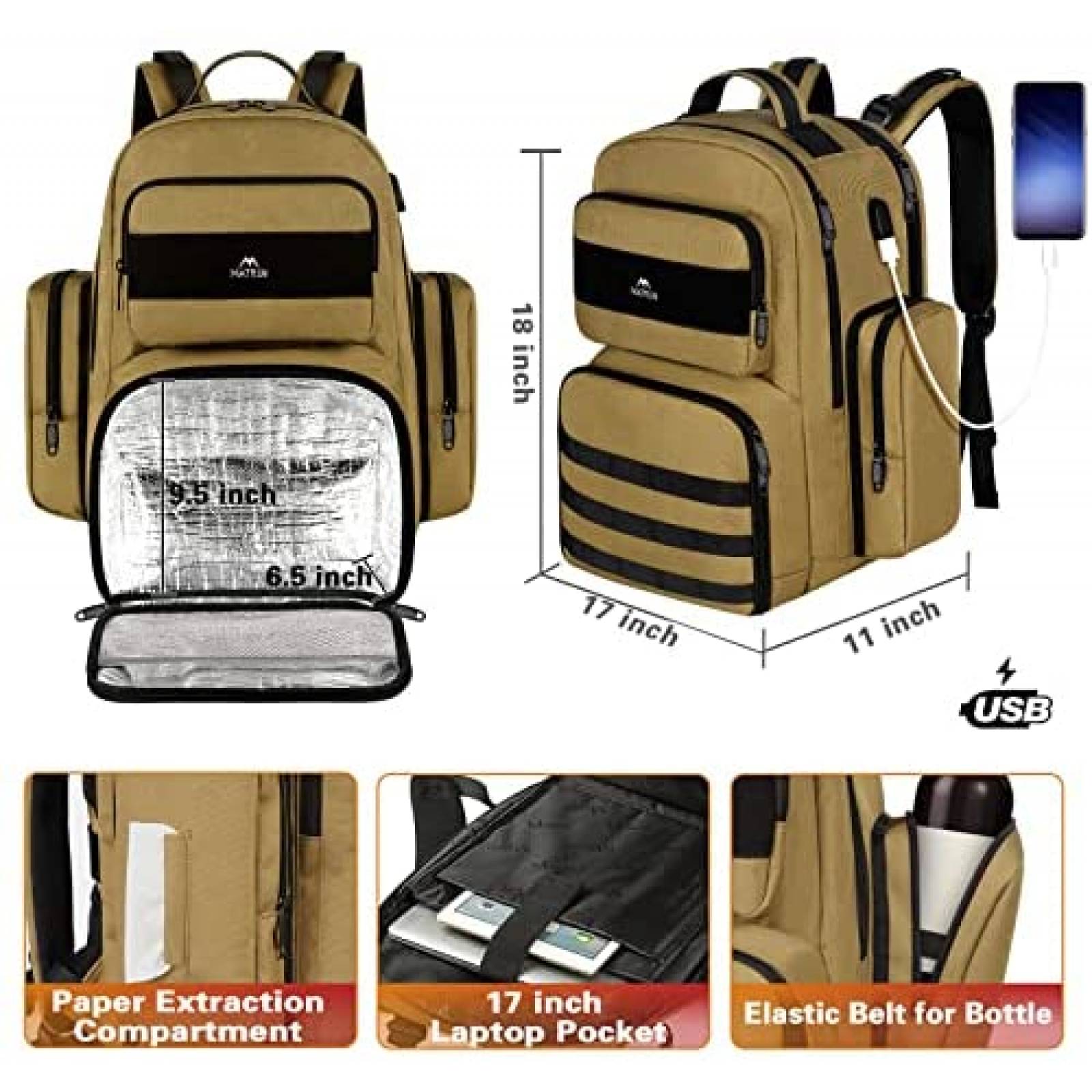 Mochila Matein para Laptop de 17'' con Puerto USB -Khaki