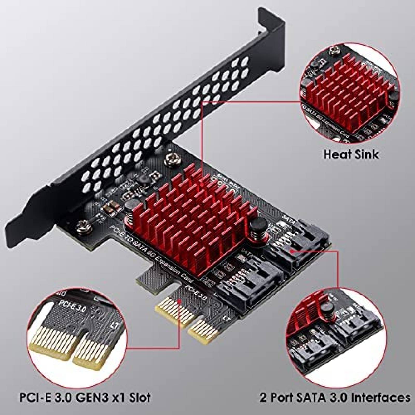 Tarjeta de Expansion MZHOU SATA 2 Puertos PCI-E 3.0 -Negro