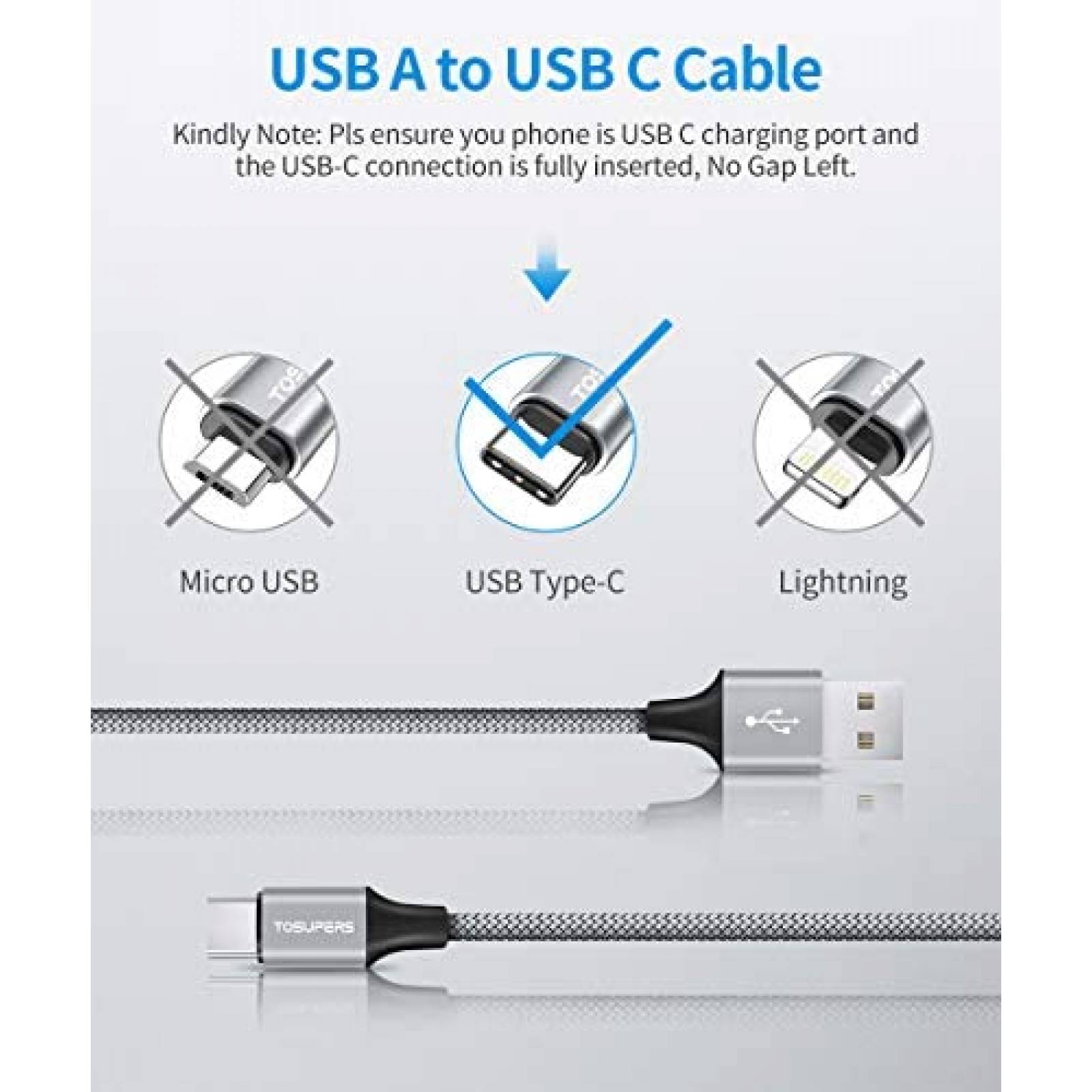 Cable TOSUPERS TG-C230Y 3pzs 10' USB-A A USB-C -Negro