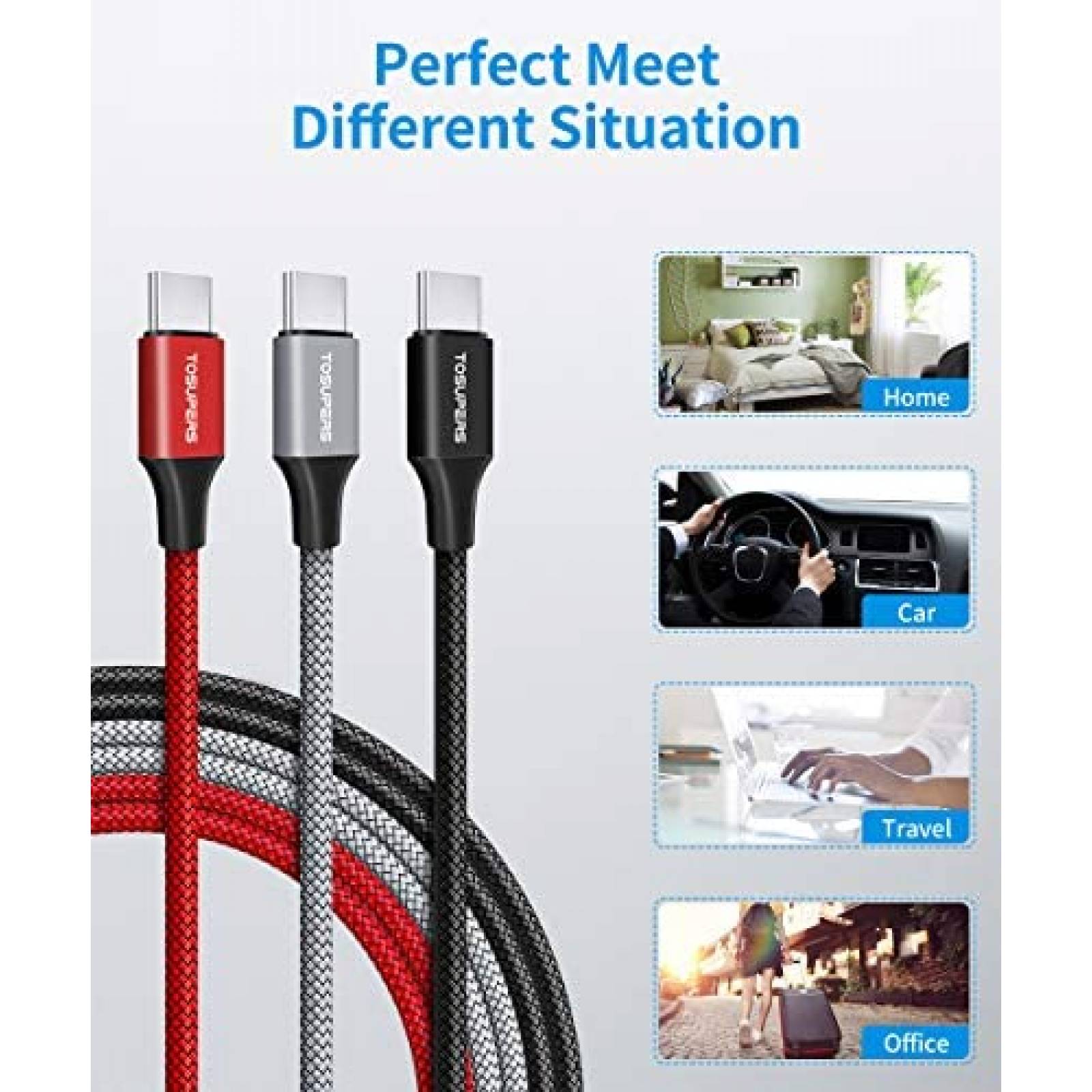 Cable TOSUPERS TG-C230Y 3pzs 10' USB-A A USB-C -Negro