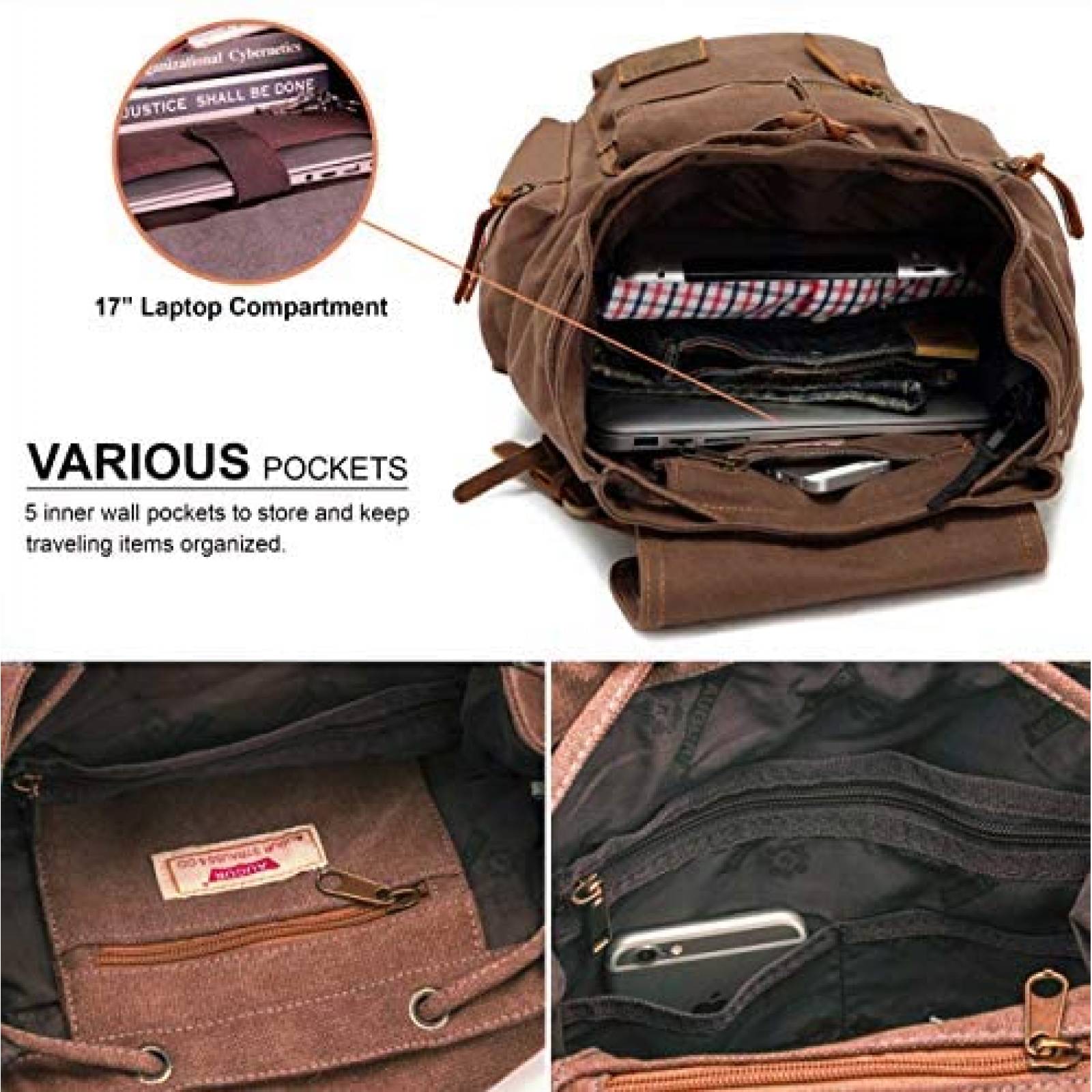 Mochila Vintage HuaChen para Laptop de 17'' Unisex -Cafe