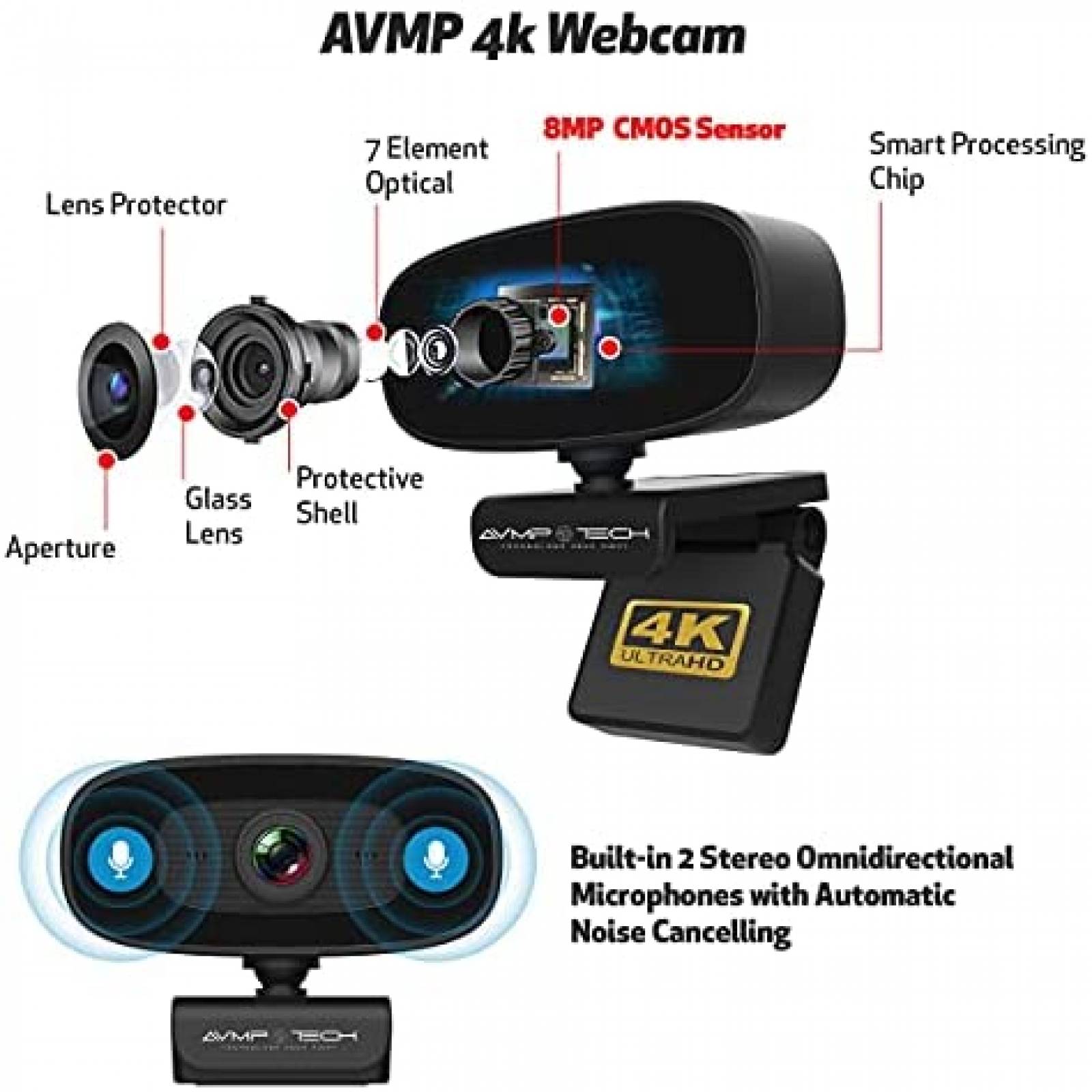 Camara web AVMP 4K Light Ultra HD de 8 MP USB -Negro