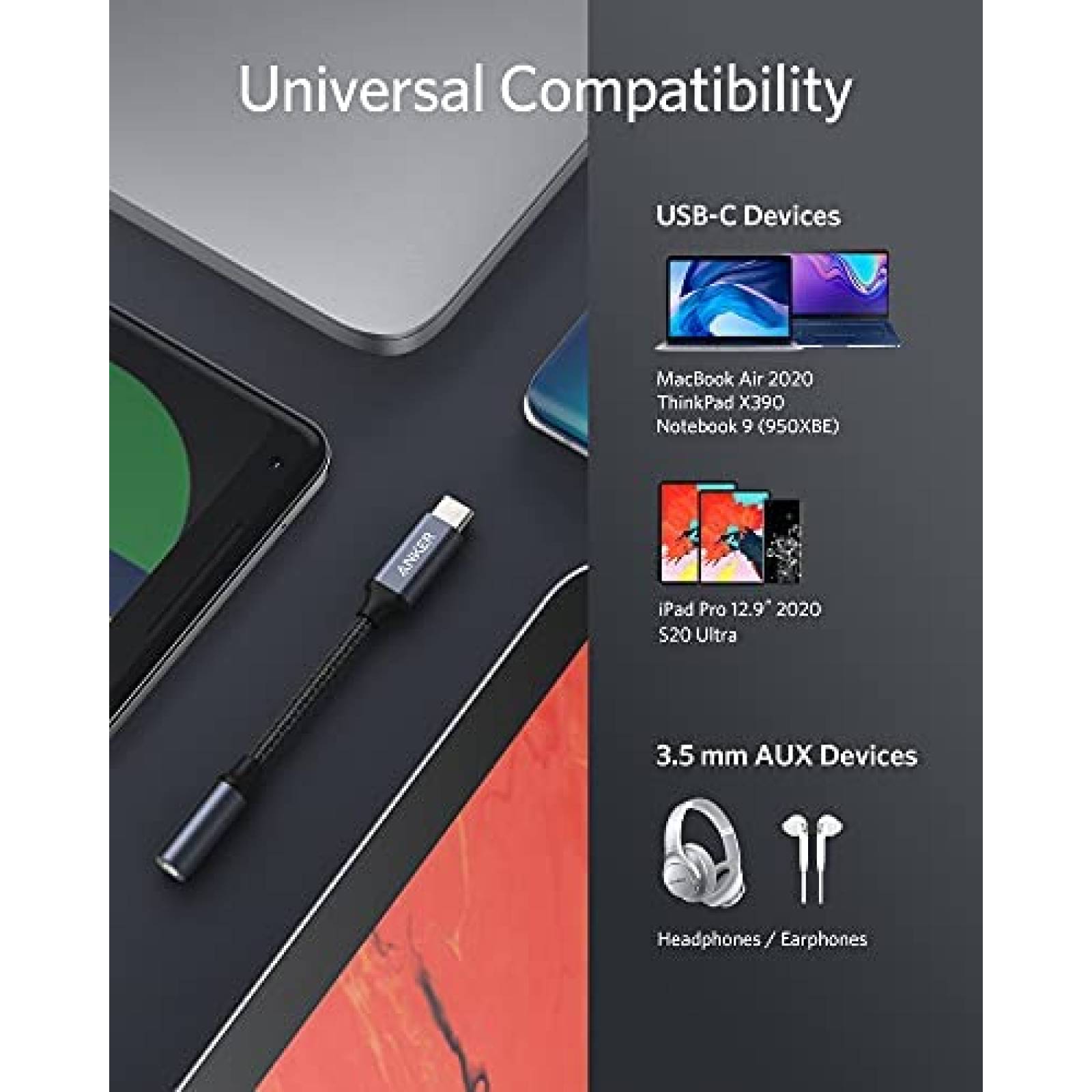 Adaptador Anker USB-C a Conector Auxiliar 3.5mm -Negro