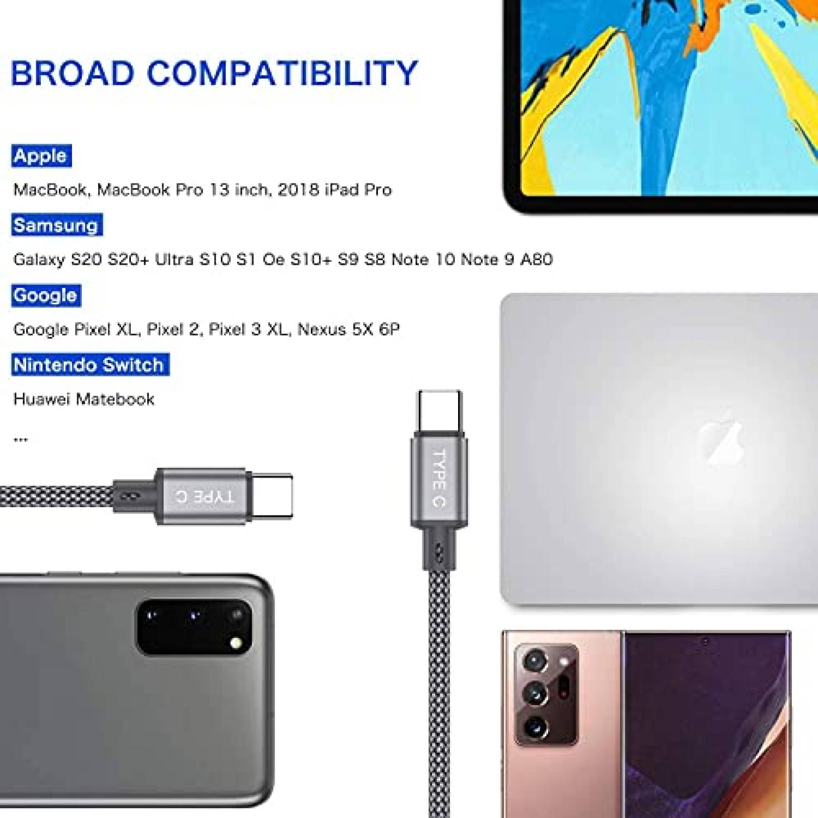 Cable OneKer cc-2 3 Pzs 1ft Nailon USB C a USB C -Silver