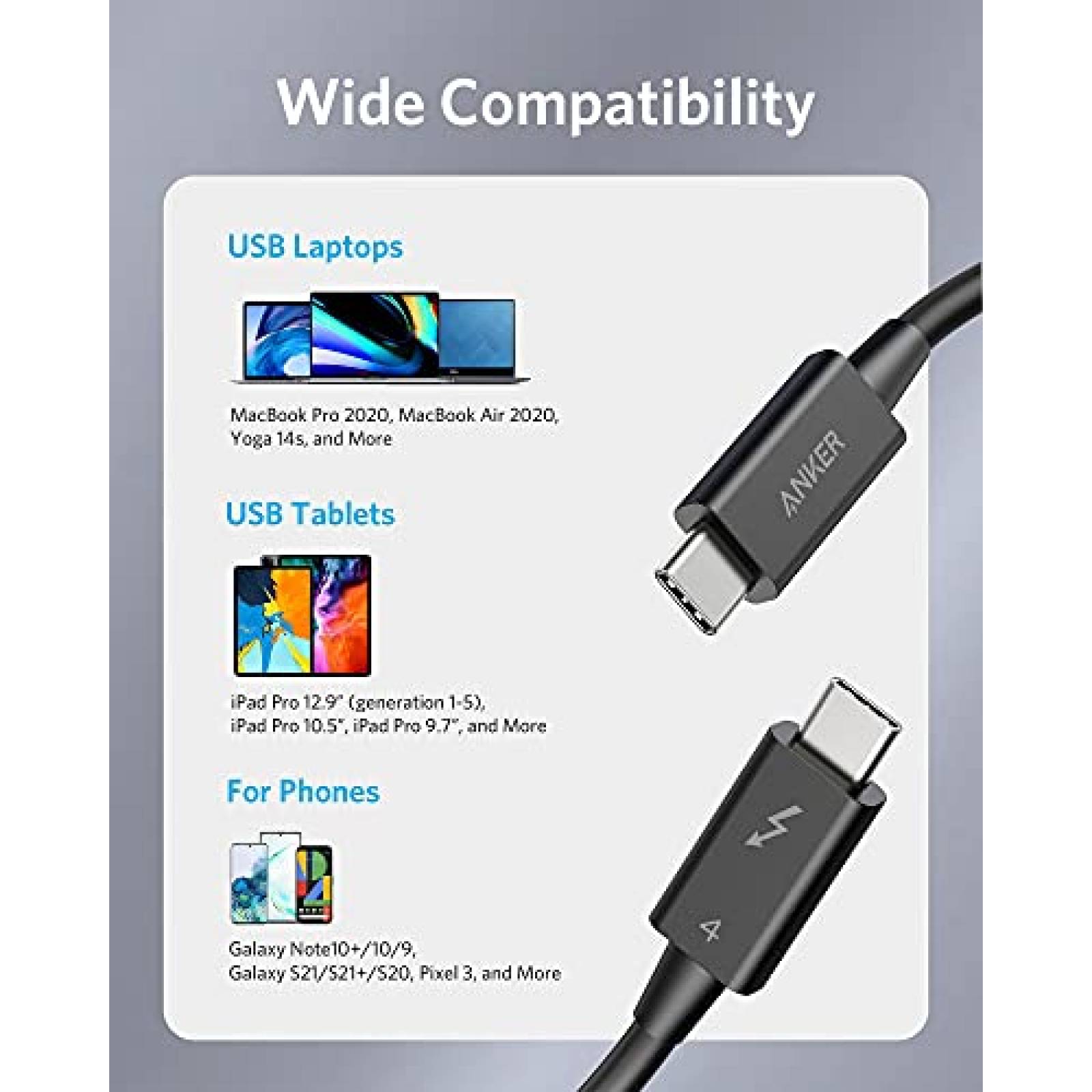 Cable Thunderbolt Anker de 2.3 Pies USB C de 100W -Negro