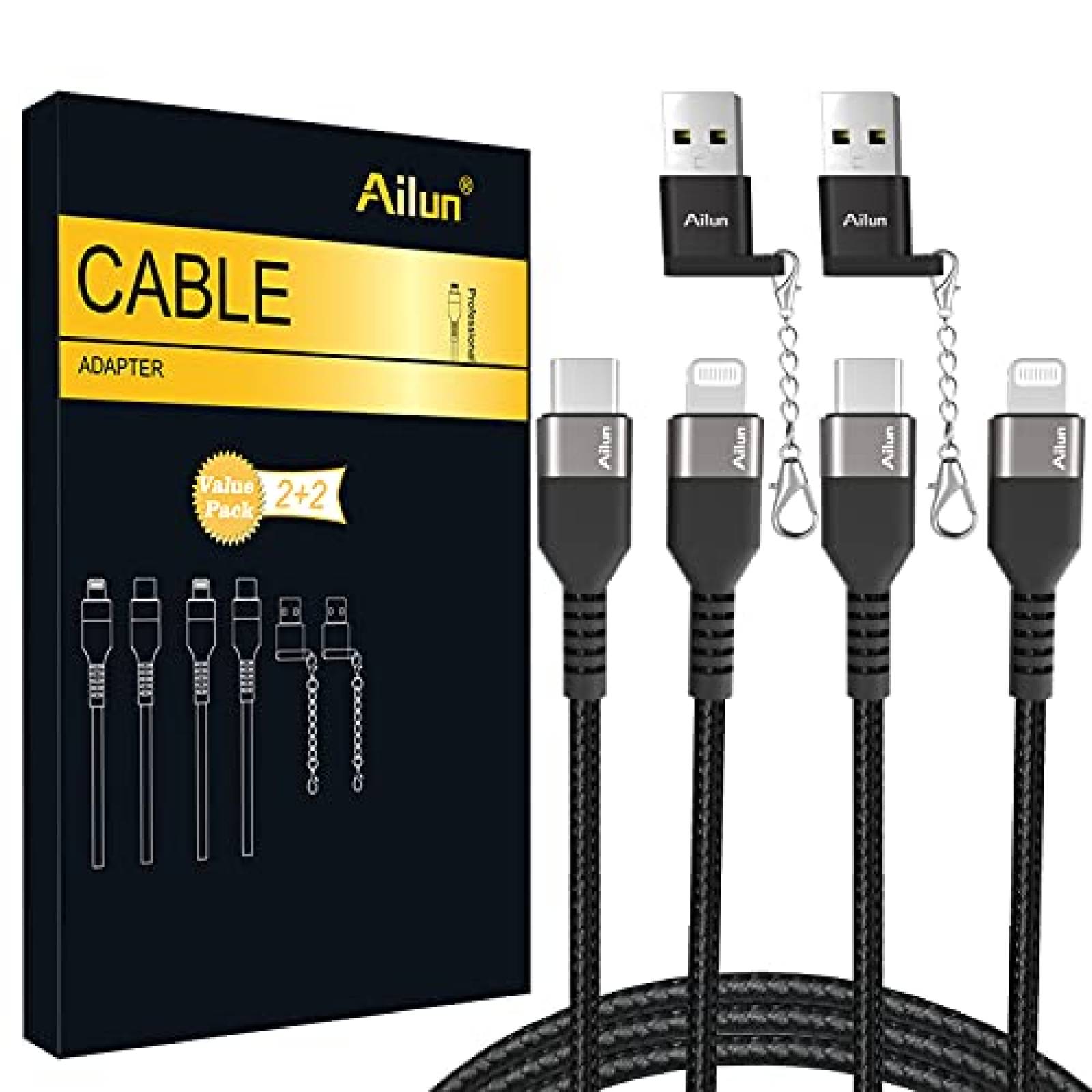 Cables Adaptadores Ailun 2pzas 6ft USB-C a Lightning -Negro