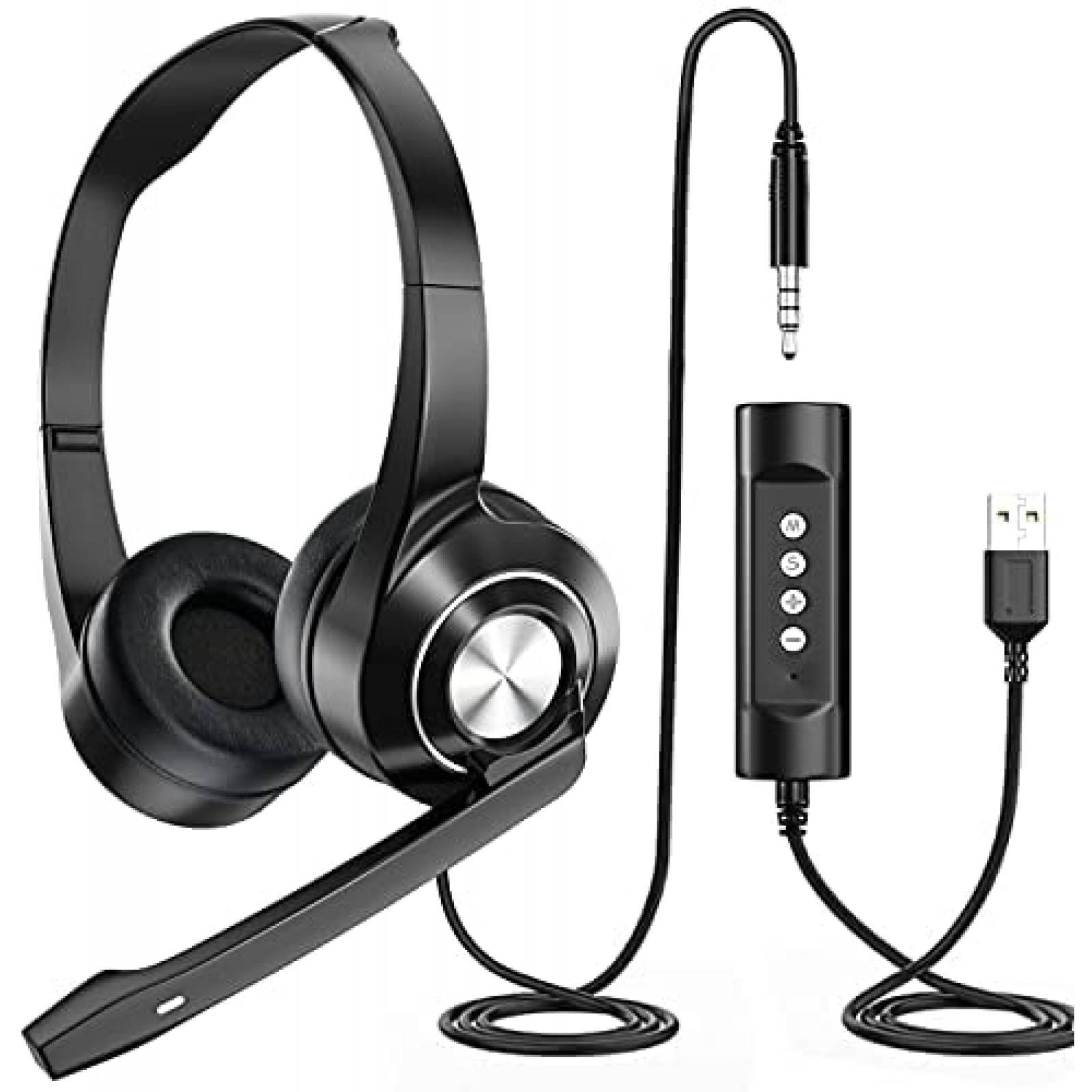 Auriculares USB con micrófono para PC, auriculares con micrófono con  cancelación de ruido, auriculares con cable con control en línea y botón de