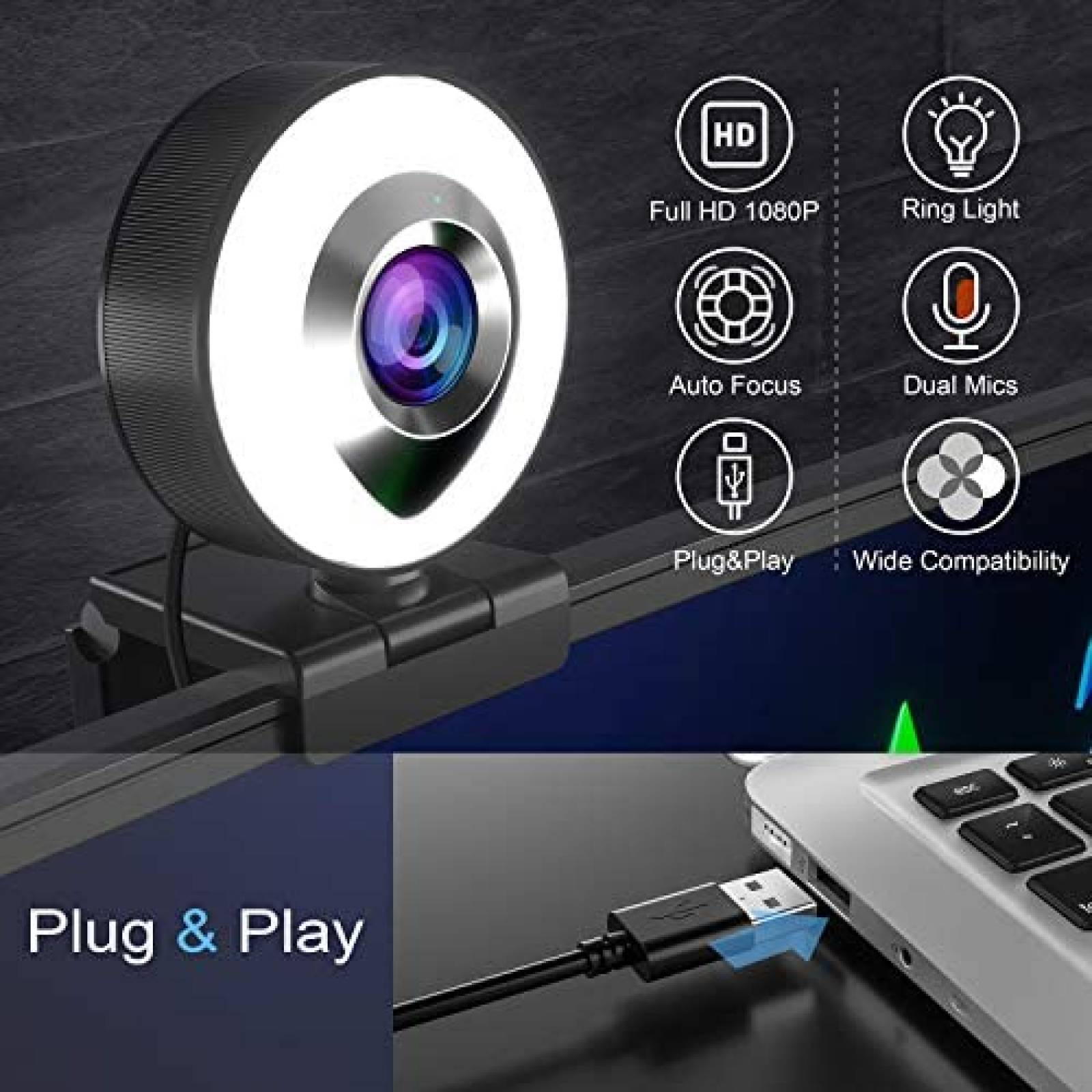 Webcam Shinmax con microfono y anillo de luz FHD 1080P