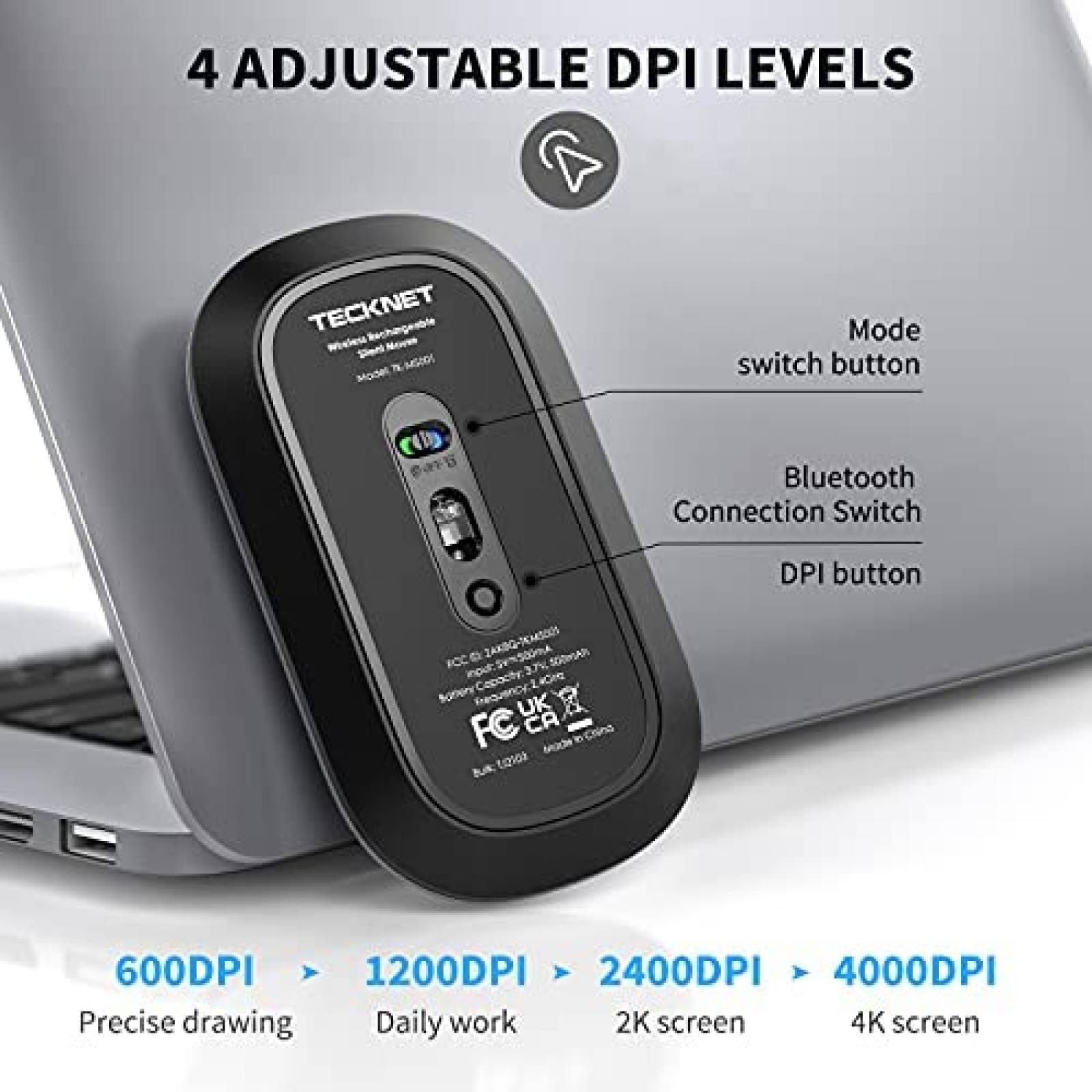 Mouse TECKNET Bluetooth Recargable Inalambrico -Gris