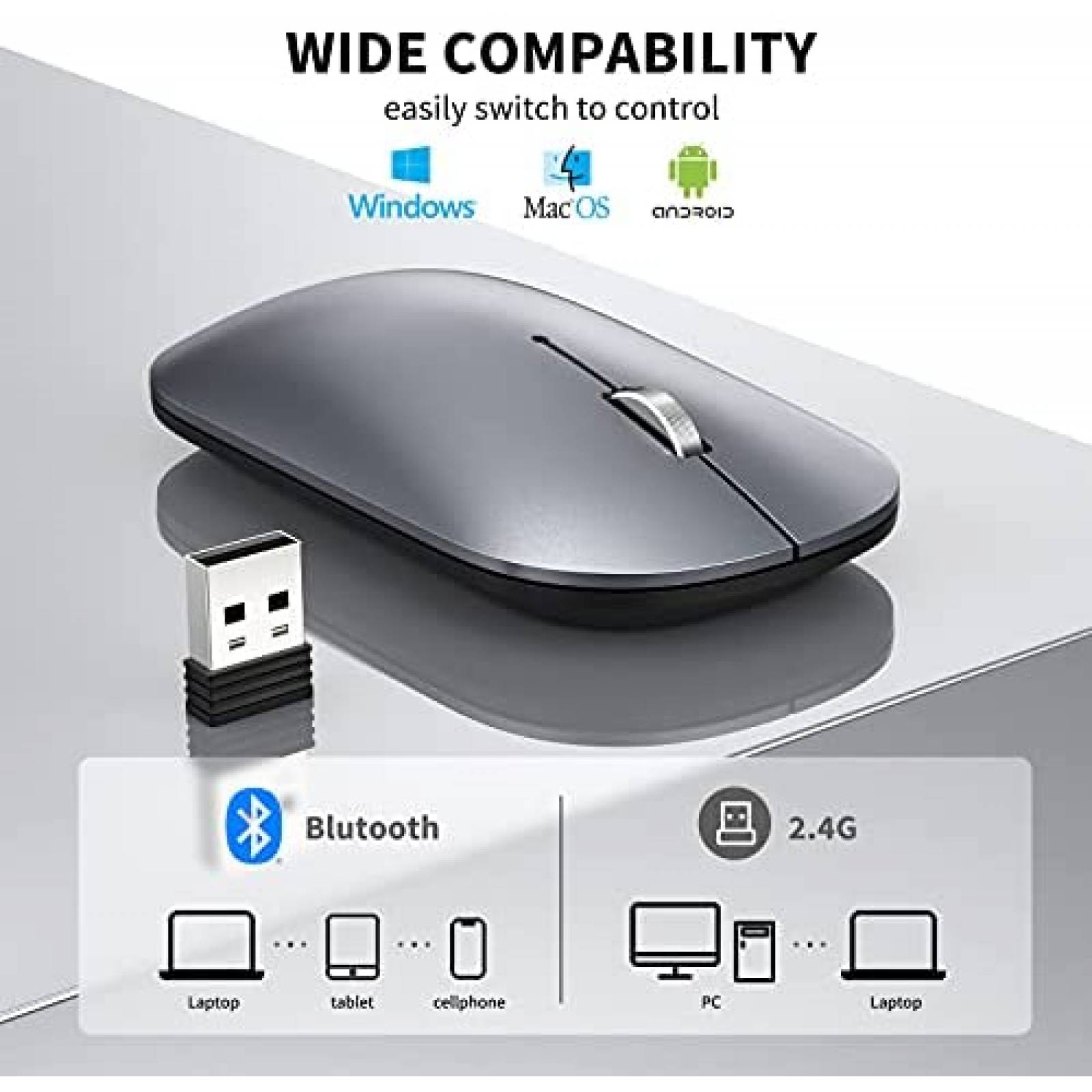 Mouse TECKNET Bluetooth Recargable Inalambrico -Gris