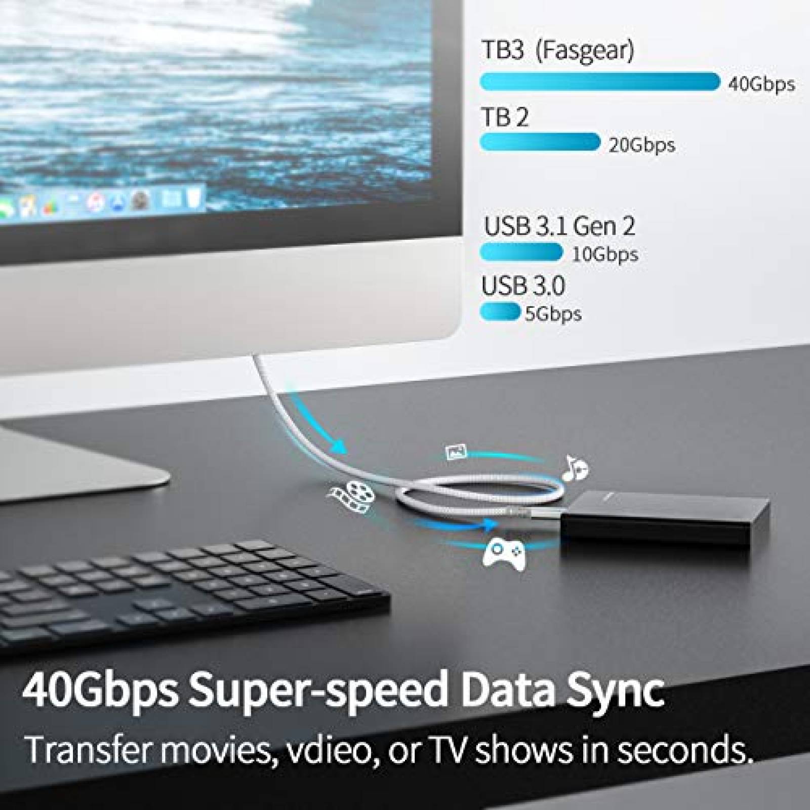 Cable Thunderbolt 3 Fasgear USB a USB C de 4.9'' -Gris