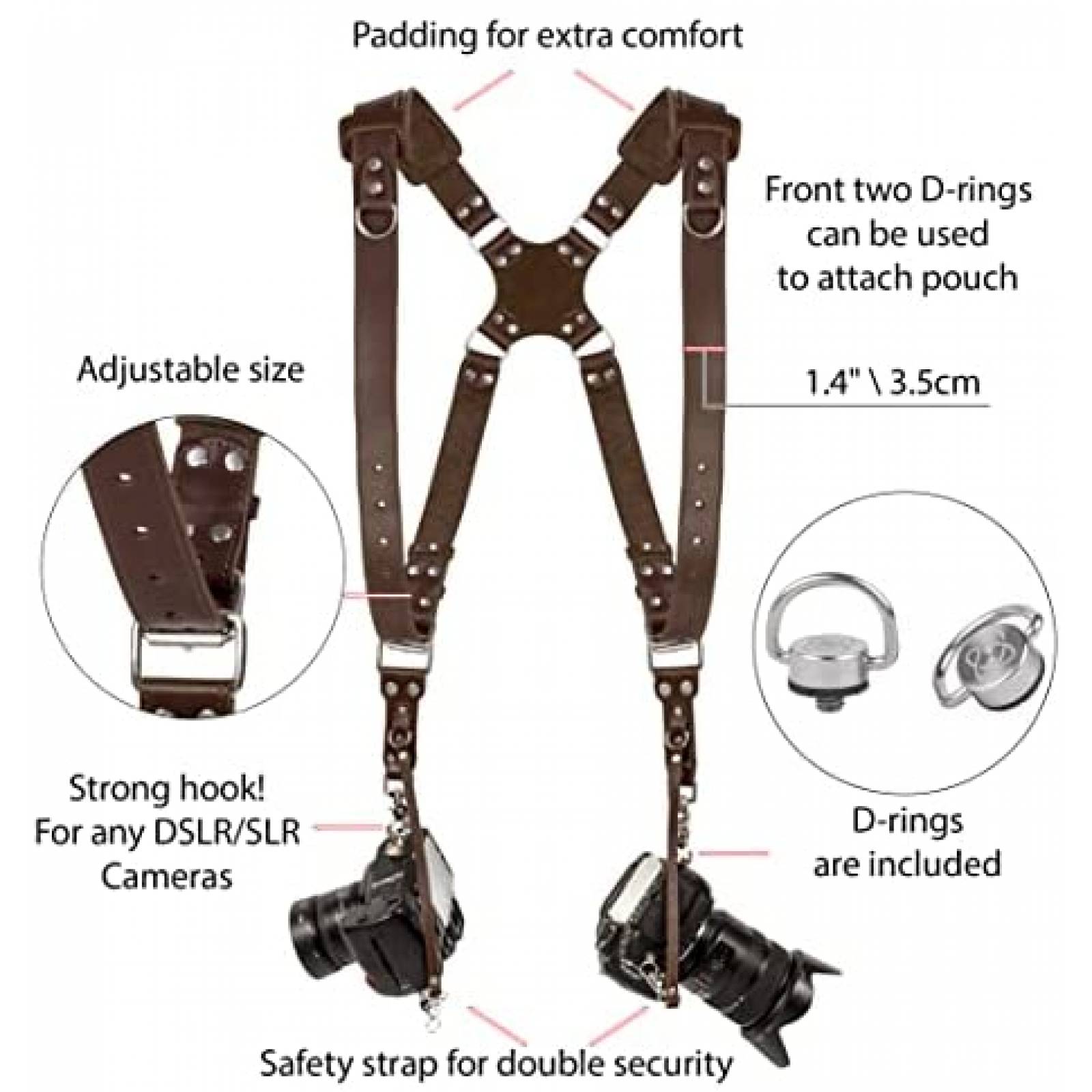 Arnes Doble de Piel Coiro para Camara DLSR/SLR -Cafe