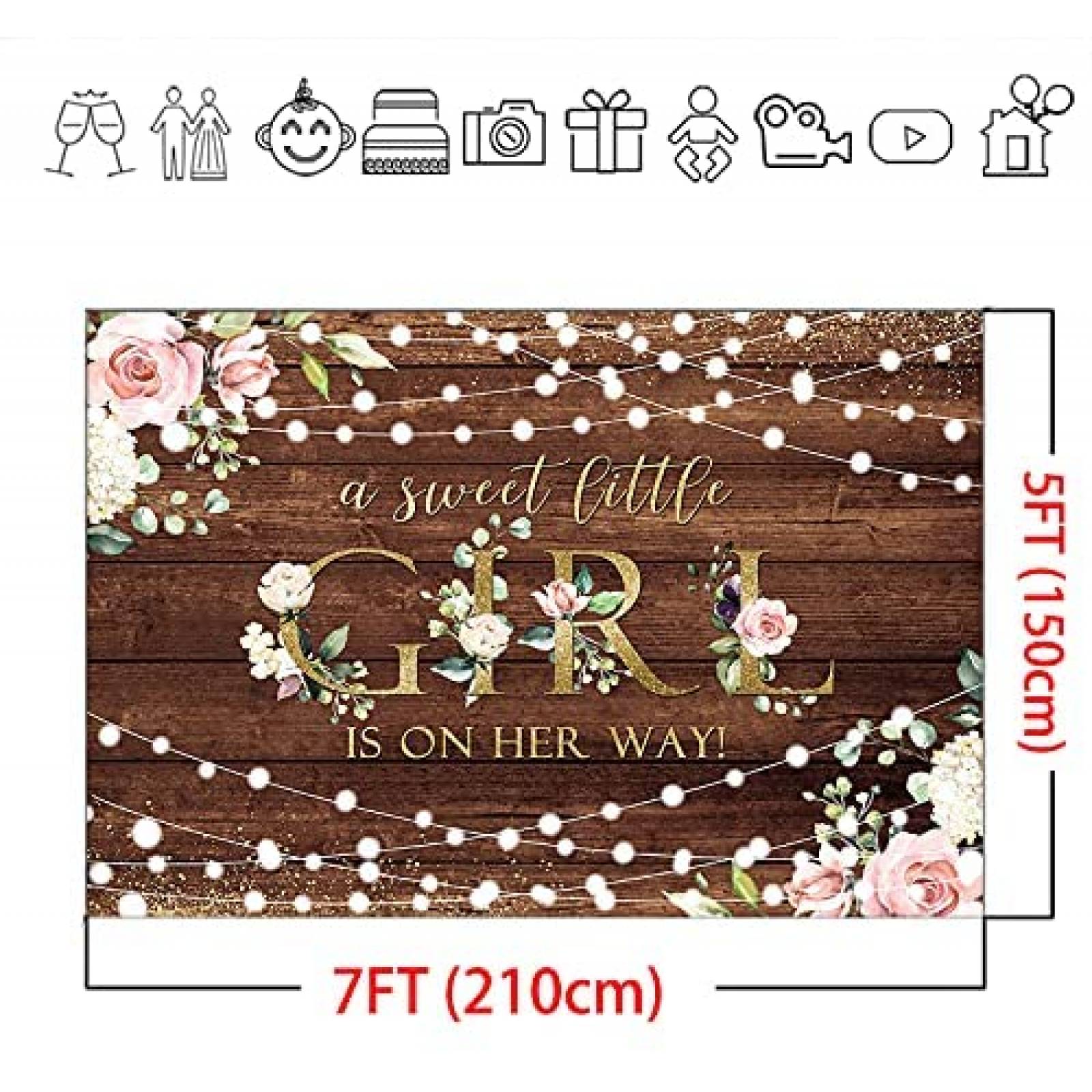 Telon de Fondo Mocsicka Baby Shower Niña 7x5ft -Cafe