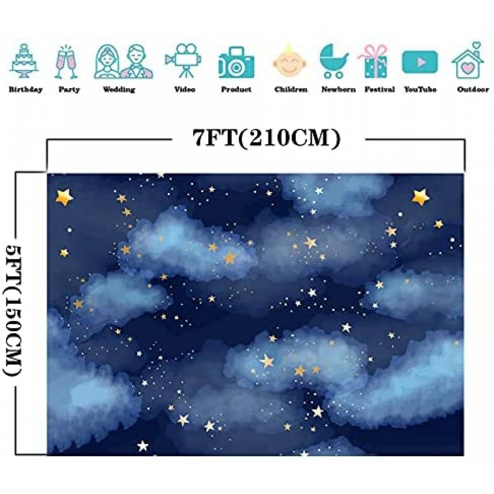 Telon de fondo TarrZhine de Estrellas doradas de 7x5ft -Azul